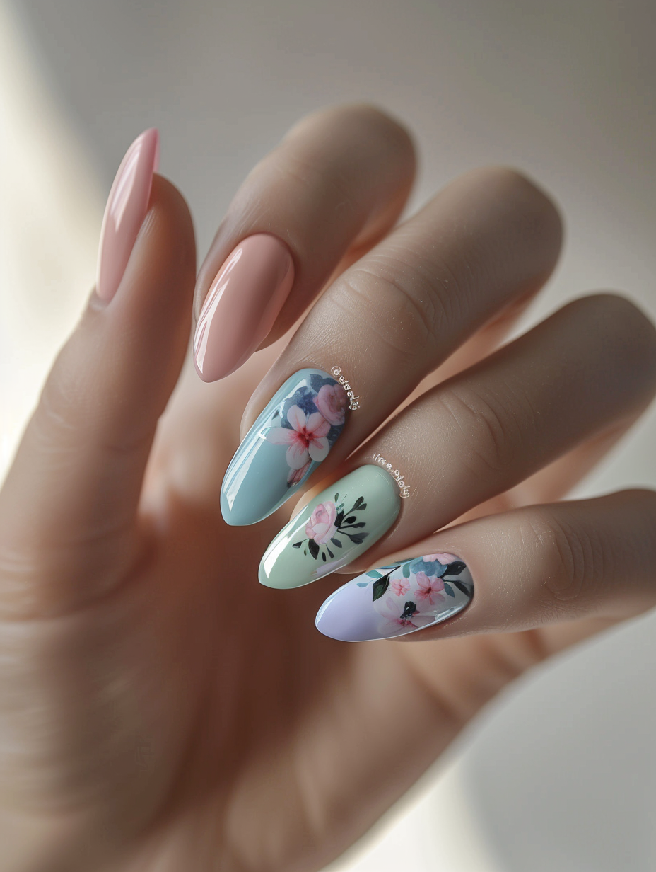 Capture an exquisitely detailed, photorealistic image of pastel nail designs exuding soft elegance. The main subject, a pair of hands with almond-shaped nails, should be in sharp focus, adorned with a palette of soft pastels—lavender, mint green, baby blue, and pale pink—each nail featuring a delicate touch of shimmer or intricate floral accent. Positioned against a soft, matte white background to emphasize the color subtleties, the hands should interact gently, perhaps one hand lightly resting on the other, showcasing the nails’ artistry. Employ natural light from a large window to the left, creating a gentle, realistic glow and soft shadows that define the curves and edges of each finger, enhancing the tactile texture of the skin and the glossy finish of the nails. The camera setup—Canon EOS R5 equipped with a 50mm f/1.2L lens—should ensure a shallow depth of field, blurring the background slightly to keep the focus on the nail designs. Opt for a photography style reminiscent of Jamie Nelson’s vivid color and detail captures, with a hint of film grain for a touch of warmth and realism. The composition must balance elegance with realism, subtly inviting viewers into an everyday moment beautified by the art of pastel nail designs.