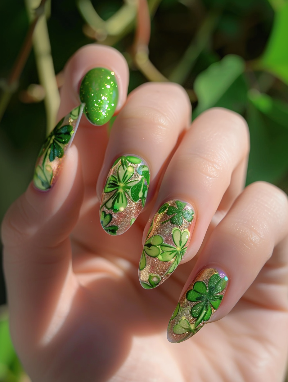 Capture a highly detailed, photorealistic image of a hand with a lucky and lively St. Patrick's-themed nail design. The nails should feature intricate patterns of shamrocks, pots of gold, and vibrant green hues with subtle glimmers simulating real gold leaf accents. The lighting will mimic the soft, diffused glow of early spring sunlight, enhancing the depth and shimmer of the nail art. The photograph should employ a Canon EOS-1D X Mark III, utilizing a 50mm f/1.2L lens to achieve sharp focus on the nails with a beautifully blurred background, invoking a depth of field reminiscent of Annie Leibovitz's portrait style. The composition should balance the vivid nail art against the natural skin tone and the soft textures of the environment, embodying the high-quality visual content of the 2020s. Attention to detail, like the reflection of light on the glossy finish of the nails and the delicate shadows they cast, will add to the image's realism and depth.