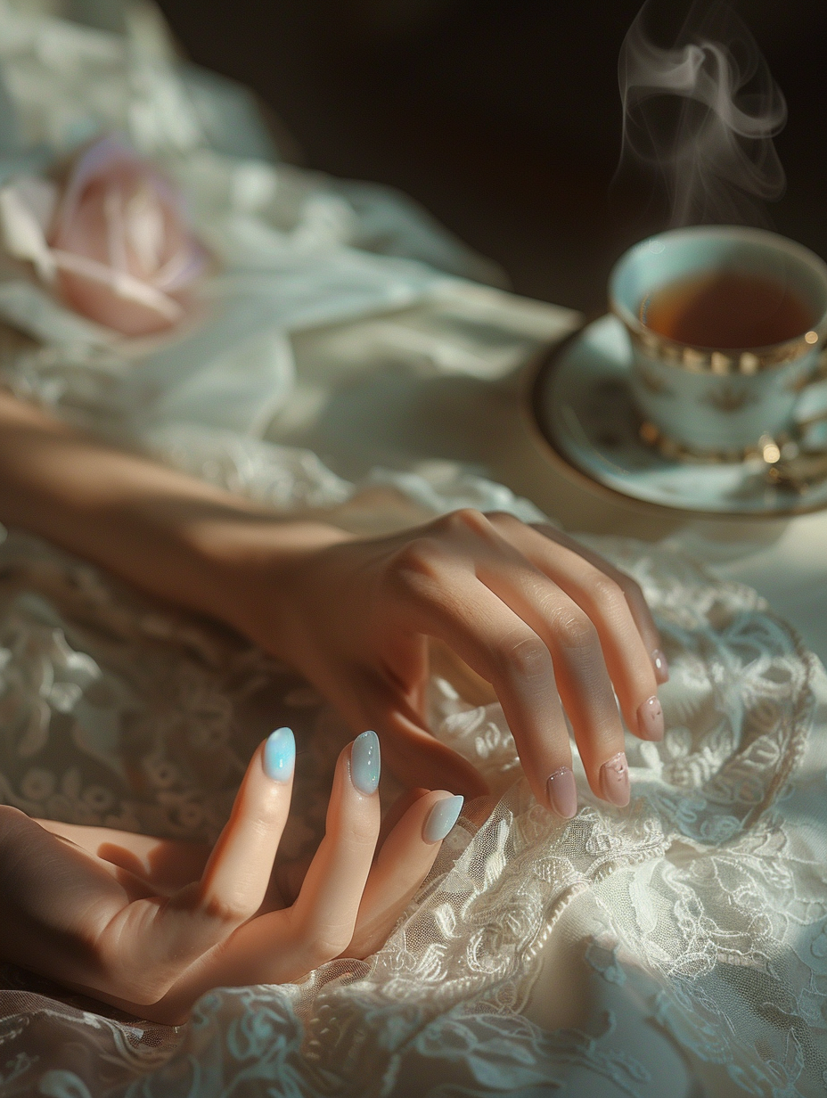 Generate a photorealistic image that captures the soft elegance of pastel nail designs, reminiscent of the meticulous composition and natural lighting techniques found in the works of Annie Leibovitz, circa the 2020s. The main subject should be a pair of hands rested gently on a vintage, lace-covered table under the diffuse, morning light filtering through a sheer, gauzy curtain. The nails, painted in a harmonious palette of pastel blues, pinks, and lavenders, should exhibit a high detail, sharp focus that contrasts subtly with the softer, blurred background, enhancing the texture of the nail polish's slight glitter and the delicate skin. Use a full-frame DSLR camera setup, with a 100mm prime lens set to f/2.8, to achieve a shallow depth of field, highlighting the intricate designs on the nails while softly blurring the lace and the hint of a steaming cup of tea in the immediate background. The image should be balanced, with the hands positioned slightly off-center to allow the play of light and shadow to draw the eye, complementing the serene mood with a touch of film grain to add texture and depth, making the scene come alive with a tangible sense of elegance and calm.