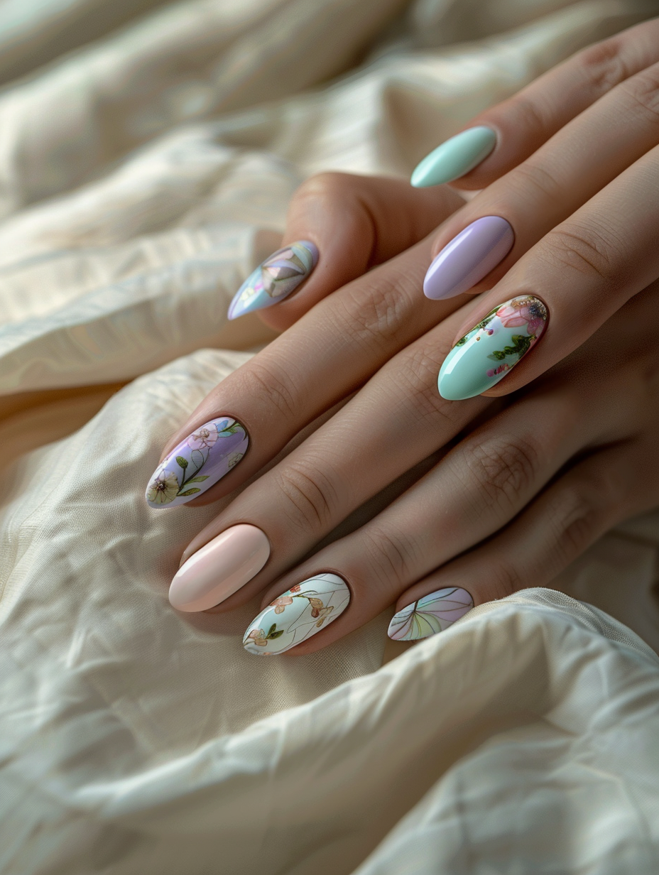 Craft a photorealistic image that captures the soft elegance of pastel nail designs, reminiscent of a high-quality still life portrait. The main subject is a woman's hands gently cradled, showcasing meticulously painted nails in a spectrum of pastel hues, each nail adorned with delicate, artistic flourishes of floral and geometric patterns. These designs should reflect a blend of lavender, mint green, soft pink, and baby blue, with a hint of iridescent shimmer catching the light. Lighting should emulate golden hour, with global illumination and diffused natural light accentuating the subtle colors and glossy finish of the nails, casting soft shadows that reveal the texture of the skin and the fine details of the nail art. Position the hands against a muted, textured linen backdrop to contrast the smoothness of the nails, enhancing the composition's depth. Frame this scene through the lens of a Canon EOS R5, utilizing a 100mm f/2.8L Macro IS USM lens, to achieve immaculate sharp focus on the nails while softly blurring the background, drawing the viewer’s attention immediately to the artistry of the nail designs. Aim for a style that mirrors the detailed, intimate portraiture of Annie Leibovitz, with a modern twist, ensuring the balance and harmony of the composition are undisturbed, bathed in a soft, warm light that highlights the intricate details and textures, achieving a serene yet captivating image.