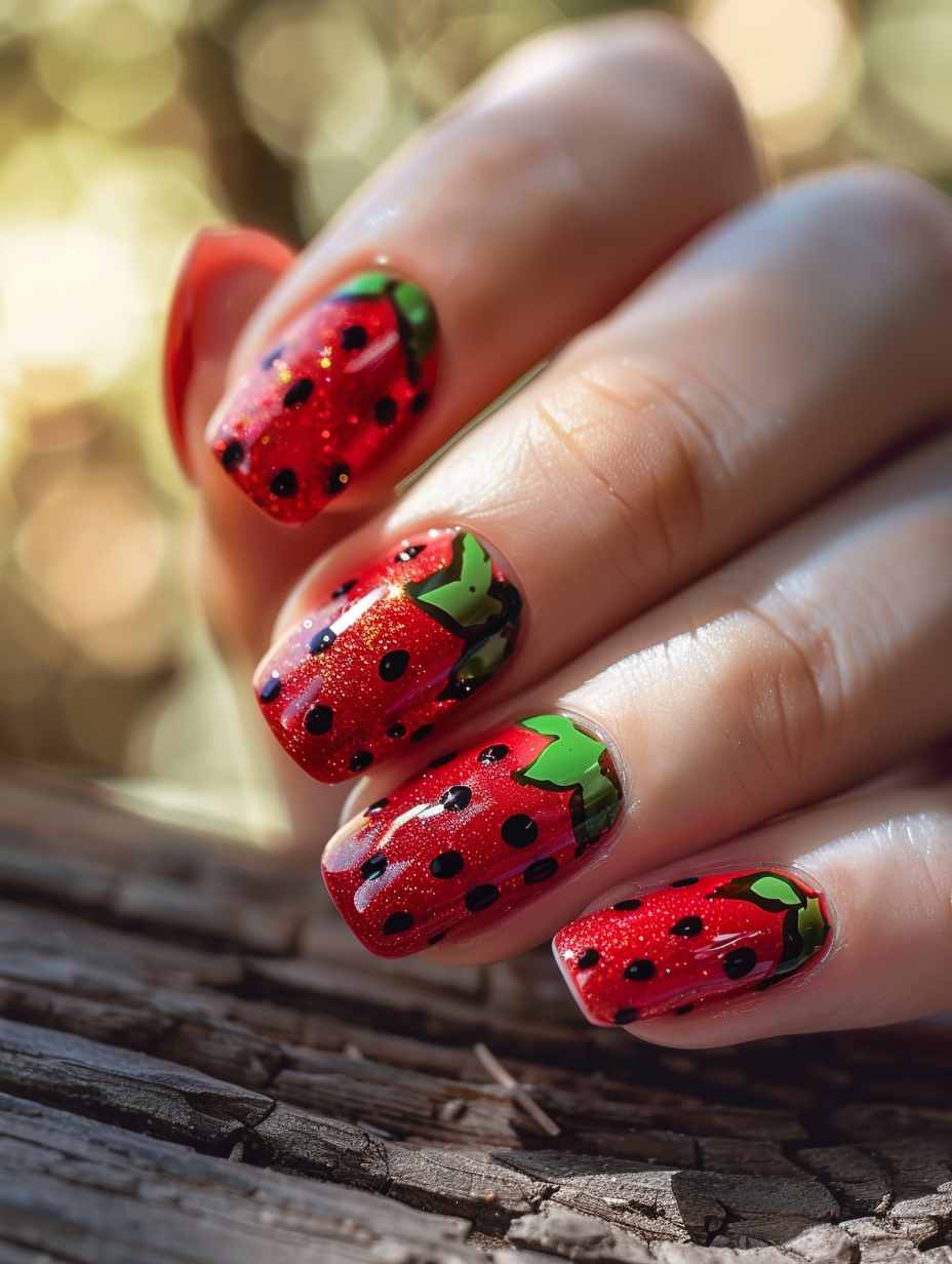 Capture a photorealistic image of sweet and playful strawberry-themed nails, embodying the essence of summertime joy and fruity lightness. Begin with a close-up of a hand resting gently on a sunlit wooden table, showcasing the nails' intricate strawberry designs — vibrant red polish speckled with tiny, seed-like black dots and crowned with a delicate green leaf accent at the base of each nail. The nails' glossiness reflects the soft, natural sunlight filtering through a nearby window, highlighting the texture’s realism and the playful contrast of colors. Employ a Canon EOS R5 camera paired with an RF 100mm F2.8 L MACRO IS USM lens to achieve a depth of field that brings the nails into sharp focus while softly blurring the background, adding a dreamy quality. The image should mimic the visual style of a high-quality, 2020s Vogue photoshoot, focusing on high detail, natural skin tones, the subtle interplay of light and shadow, and a well-balanced composition that centers the nails as the main subject, framed by the soft rustic texture of the wood and the diffused, warm sunlight, evoking a sense of refined elegance and playful sophistication.