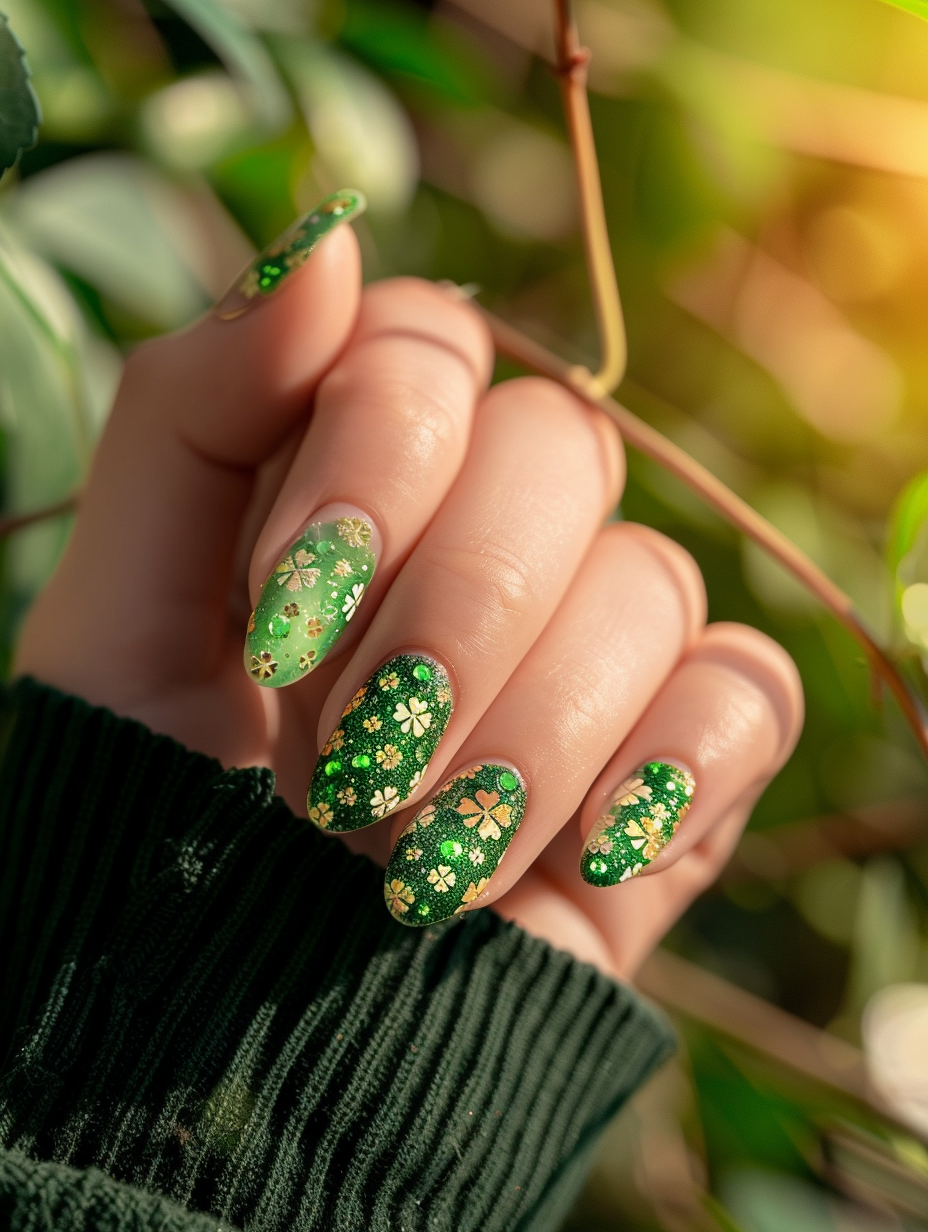 Craft a photorealistic image of an exquisite St Patrick’s themed nail design, capturing the essence of luck and liveliness. The main subject is a hand, elegantly positioned, showcasing nails artfully painted with intricate shamrocks, vibrant greens, and glittering gold accents. Utilize advanced lighting, mimicking the soft, diffused glow of early morning sunlight filtering through a window, to highlight the glossy finish of the nails and the subtle textures of the skin. The camera setup should be a DSLR with a macro lens, specifics being a Canon EOS 5D Mark IV equipped with an EF 100mm f/2.8L Macro IS USM lens, ensuring razor-sharp focus on the nails while softly blurring the background. Aim for a composition that feels spontaneous yet balanced, with a depth of field shallow enough to keep the emphasis firmly on the detailed nail art. The image should exude the quality and style of photos seen in high-end beauty magazines of the 2020s, paying close attention to the realism of colors, the play of light and shadow, and the textures of both the skin and nail polish.