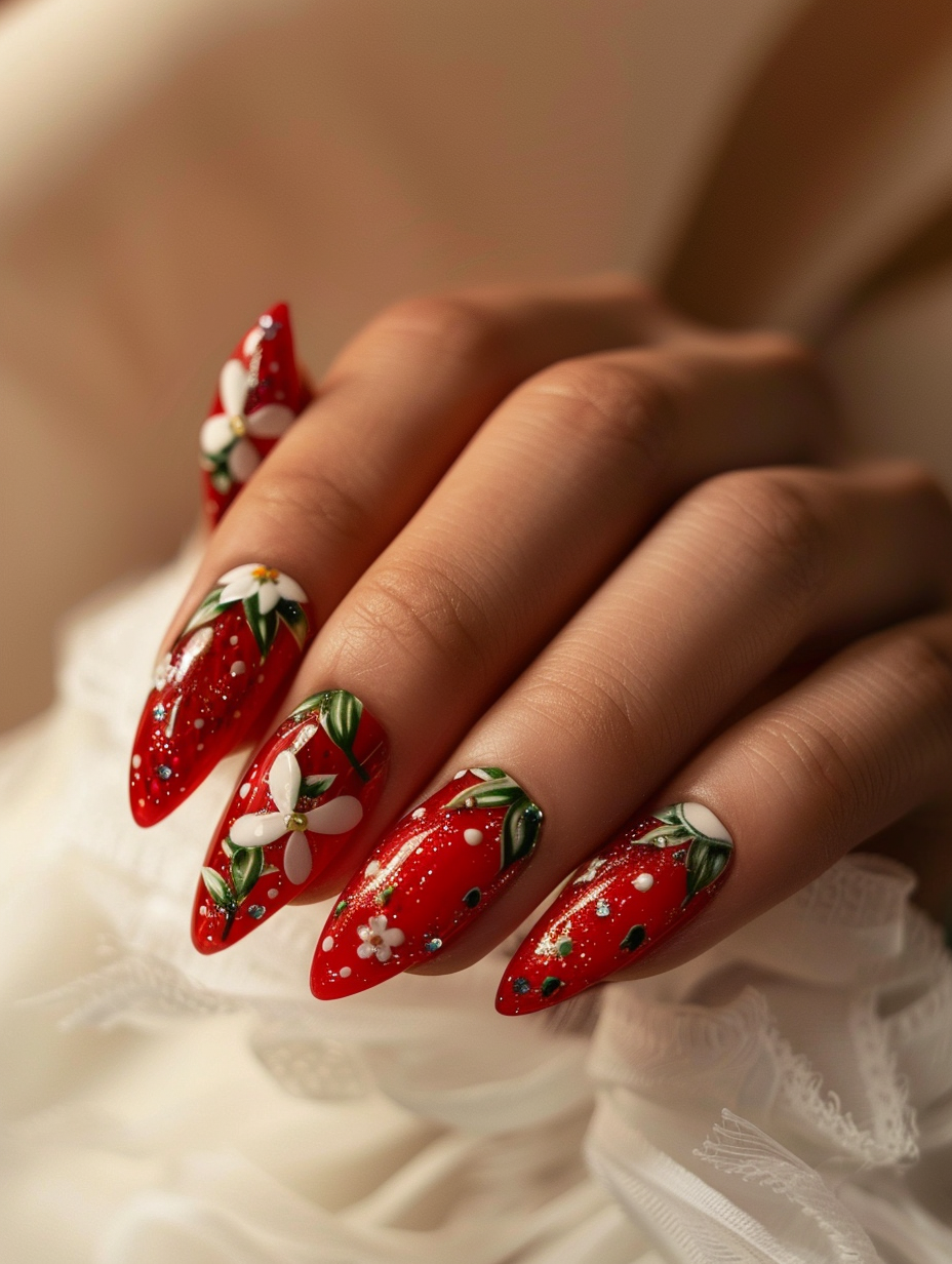 Capture a close-up, photorealistic image of sweet and playful strawberry-themed nails, evoking a sense of delight akin to a sunny, early summer afternoon. Employ a Canon EOS R5 with a 100mm f/2.8L Macro IS USM lens to achieve sharp focus on the nails, adorned with glossy red polish, delicate white floral accents, and tiny, green leaf designs, mimicking the appearance of strawberries. Utilize natural light to enhance the vivid colors and create soft, realistic shadows, alongside a subtle bounce reflector to the side for filling in any harsh shadows, mimicking the soft, diffuse illumination of a professional studio. The background should be a soft, out-of-focus cream color to ensure the nails remain the star of the composition, providing a high-detail texture contrast with the smooth gloss of the nail paint. Aim for a depth of field shallow enough to keep the attention on the nails while gently blurring the fingertips, achieving a balance that feels both intimate and inviting.