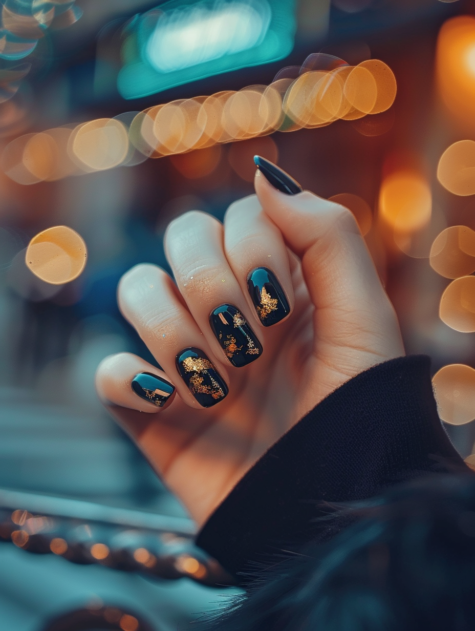 Capture a high-detail, photorealistic image of Urban Chic - Basic Baddie Nails that exudes the essence of a modern cityscape. Start with the main subject: a hand poised elegantly against the backdrop of a bustling urban café, embodying the quintessence of street-style sophistication. The nails, painted in a bold, glossy black with delicate gold accents, catch the light, showcasing intricate designs that mimic the architectural complexity of the urban environment. Employ advanced lighting techniques, such as global illumination and natural light filtering through the café’s large windows, creating soft, diffused shadows that enhance the texture of the skin and the reflective quality of the nail polish. Adopt a camera setup akin to a Canon EOS R5, using a 50mm f/1.2 lens for that shallow depth of field, ensuring the nails are in sharp focus while the bustling café backdrop blends into a beautifully blurred bokeh, mirroring the 2020s visual style of renowned photographer, Peter McKinnon. The composition balances the urban energy with the personalized detail of the nails, incorporating ambient city sounds and café chatter to deepen the realism. Use high-resolution techniques to capture the minutiae of the nail art, from the slight imperfections of the skin to the individual brush strokes on the nails, adding layers of texture and depth. The mood is confident and chic, encapsulated in a moment that feels both fleeting and timeless, inviting the viewer into a slice of urban life enriched with detail and story.