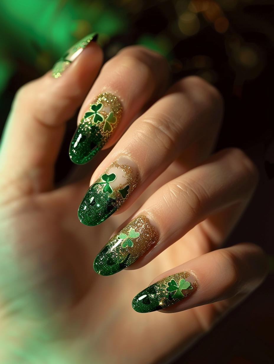 Capture a photorealistic image of a hand adorned with a vibrant St. Patrick’s Day-themed nail design, featuring high-detail, sharp focus, and rich textures. The nails are a lively blend of emerald green and gold glitter, with delicate shamrock decals adorning each fingertip. Natural light bathes the scene, highlighting the iridescent sheen of the polish and the intricate designs with precise clarity and enhancing the vivid colors against the skin’s natural tone. The camera, a Canon EOS R5 equipped with a 50mm f/1.2L USM lens, is positioned to capture the elegance of the hand in a relaxed pose against a soft, blurred background of dark mahogany, providing a luxurious contrast that makes the colors pop. The image is reminiscent of high-quality 2020s visual content, balancing the composition with a sense of depth and realism, the details are so crisp that every glitter particle and the gentle curve of each shamrock leaf are distinctly visible, enveloping the viewer in the festive spirit.