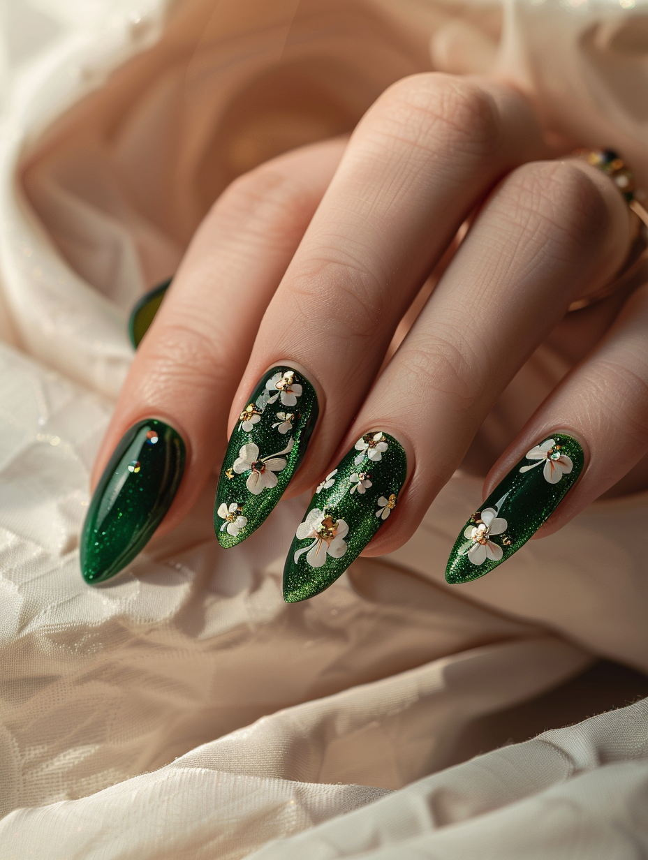 Capture a high-resolution, photorealistic image of a hand with St. Patrick’s themed nail design, celebrating the vibrant spirit of the holiday. The nails are meticulously painted with shimmering shades of emerald green, adorned with delicate, golden shamrock decals and subtle, glittery accents that catch the light. The hand is positioned gracefully against a soft, natural linen backdrop, enhancing the vivid colors and fine details of the nail art. Employ global illumination to replicate early morning light, casting a warm, diffuse glow that highlights the intricate patterns and textures with sharp focus and high detail. The scene is shot using a Canon EOS R5 camera paired with a RF 50mm F1.2L USM lens, known for its exceptional depth of field and bokeh capabilities, ideal for emphasizing the fine details of the nail design while softly blurring the background. Emphasize the contrast between the rich, lively tones of the nail polish against the neutral, textured fabric, creating a composition that feels balanced and harmonious. Reference the style and quality of high-end 2020s beauty photography, ensuring the image radiates with a sense of luxury, precision, and realism.