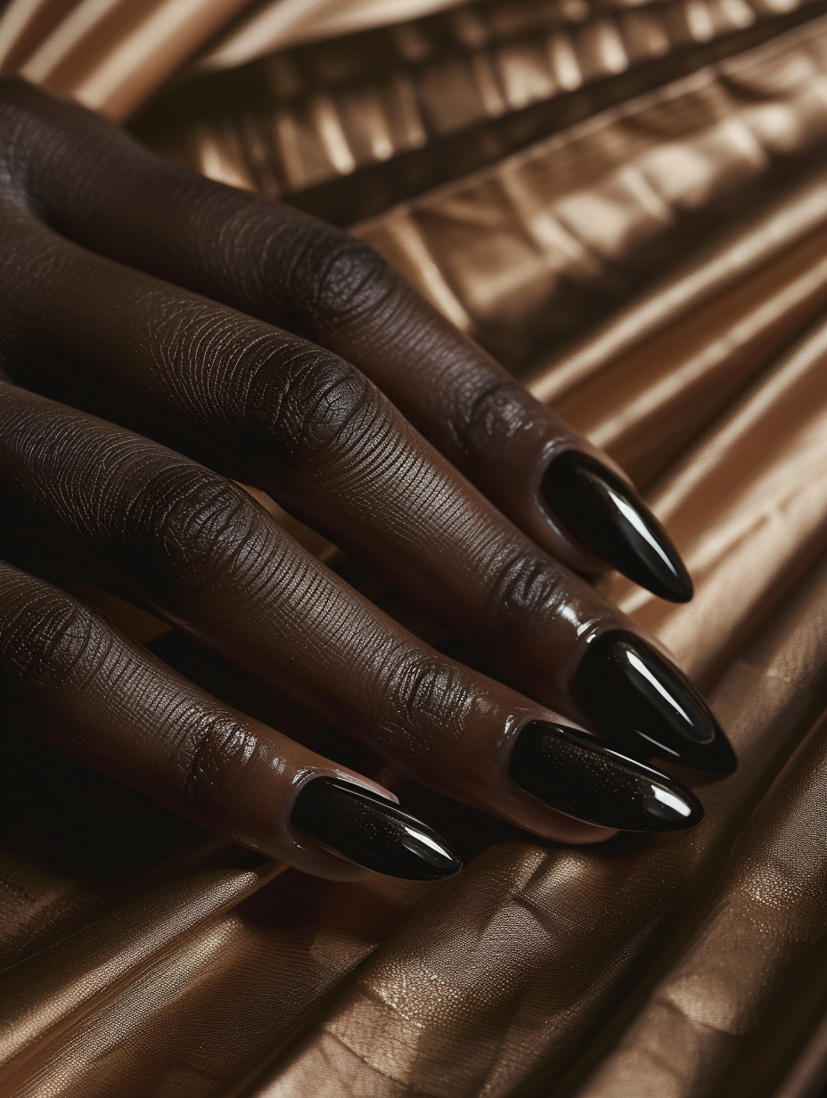 Capture an ultra-high-definition image of sophisticated and bold black nails, meticulously manicured with a glossy finish that reflects the surrounding soft, natural lighting. Utilize a Canon EOS-1D X Mark III, with a 100mm f/2.8L Macro IS USM lens, ensuring sharp focus on the nails contrasted against a subtly blurred background. This setup emphasizes the nails' intricate details and the subtle reflections of light, aiming for a depth of field shallow enough to bring the viewer's immediate attention to the fine texture of the polish and the precise edges of the manicure. The lighting should be reminiscent of the soft, diffused light found in the works of Annie Leibovitz, giving the image a warm, inviting tone while highlighting the sheen on the nails. Keep the composition balanced, with the hands positioned elegantly at the image's center, complemented by a background that suggests a luxurious yet understated setting, perhaps the natural texture of fine leather or the smooth surface of polished wood, to add to the overall mood of sophisticated boldness. This scene should convey not just the beauty of the nails but also suggest a story of elegance and strength, captured as though it were a fleeting, candid moment in the life of someone who appreciates the finer details.