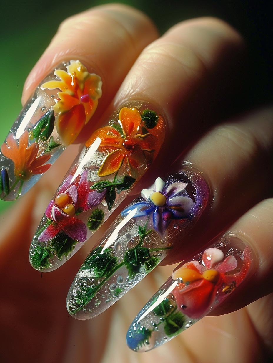 Capture in high detail the elegance of Floral Fantasy - Spring Nails, portrayed through a macro lens to enhance the intricate designs and vivid colors of the nail art, which mimics the rebirth and lushness of spring. The main subject, a hand poised gracefully with fingers slightly splayed, shows off long, oval-shaped nails, each painted with a unique, photorealistic miniature of spring flowers - from delicate cherry blossoms to vibrant tulips and daisies, with tiny dewdrops adding to the realism. Utilize a Canon EOS R5 camera paired with a Canon RF 100mm f/2.8L Macro IS USM lens to ensure sharp focus on the nails while softly blurring the background, which hints at a natural setting of a blooming garden bathed in the golden hour's light. This lighting should simulate global illumination and highlight the iridescent shimmer in the nail polish, creating a dynamic range of colors and reflections. Composition-wise, aim for a balanced yet engaging layout that guides the viewer's eye across each nail's artwork, evoking the serene and rejuvenating ambiance of spring. The style should emulate the clarity and vibrancy found in the works of renowned photographers like Annie Leibovitz, achieving a 2020s high-quality visual content feel with a touch of film grain to add texture and depth, making the image almost leap off the screen as if it were a snapshot from real life.