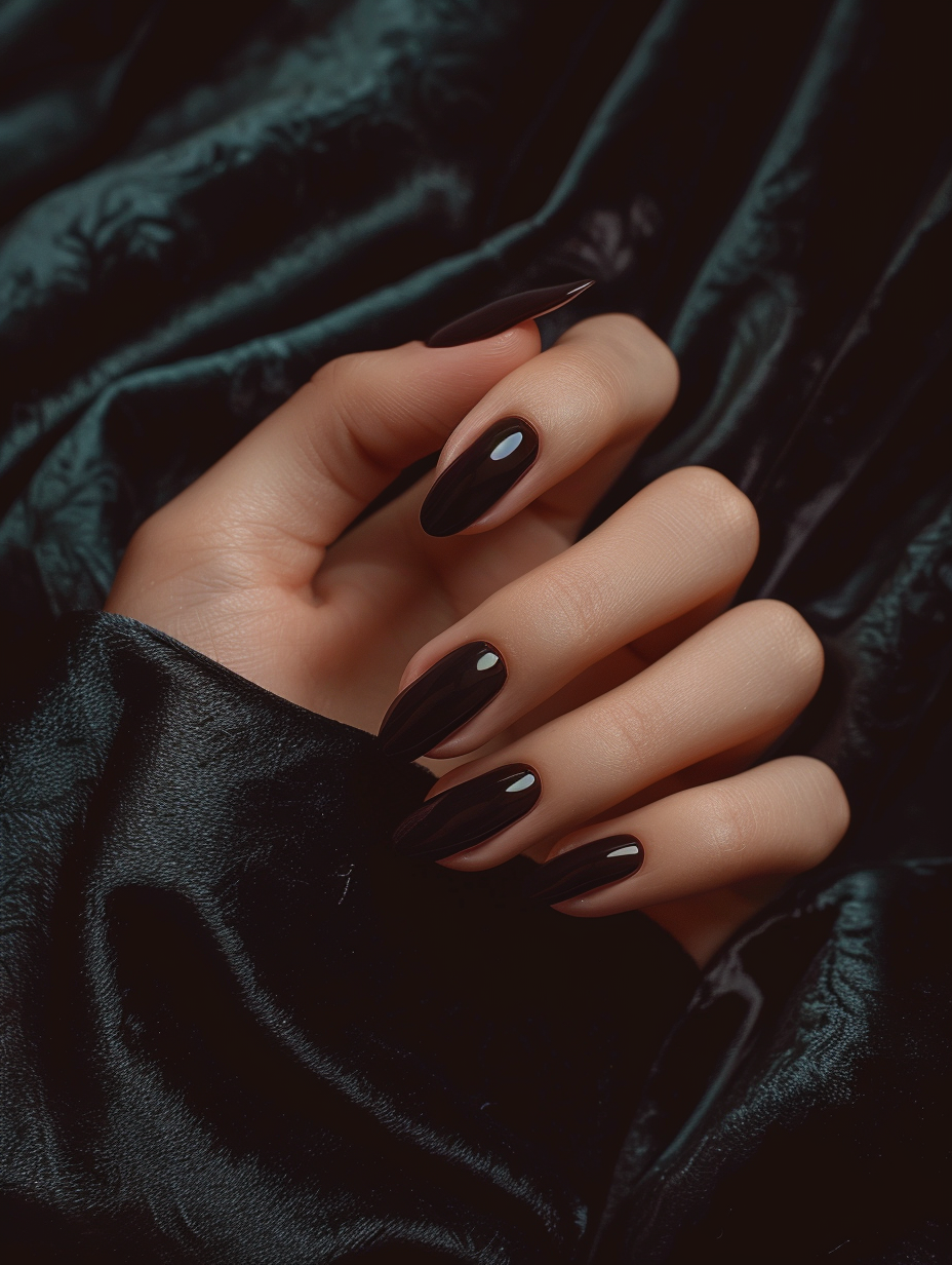 Capture an ultra-high-definition, photorealistic image of a hand with sophisticated and bold black nails, displaying a glossy finish that reflects the soft, natural light of a golden hour sunset. Place the hand against a backdrop of rich, dark velvet to highlight the nails' shine and detail. Employ a Canon EOS-1D X Mark III camera with a Canon EF 85mm f/1.2L II USM lens to achieve a shallow depth of field, ensuring the nails are in sharp focus while gently blurring the background, adding a dreamy quality to the scene. The image should evoke the style of a high-end fashion magazine shoot from the 2020s, with a balanced composition that draws the eye directly to the stark contrast between the nails and the luxurious texture of the velvet. Use natural lighting techniques to enhance the gloss of the nails and create subtle reflections, adding depth and realism to the image. Integrate a modest level of film grain to inject a touch of warmth and authenticity, avoiding an overly polished look.