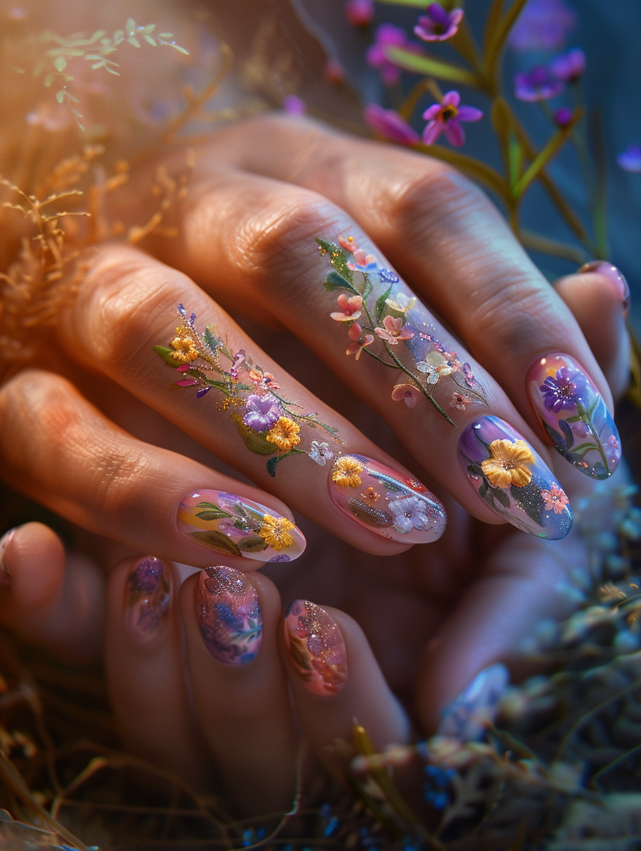 Create a photorealistic image of a hand modeled in an elegant pose, showcasing Floral Fantasy - Spring Nails, where each nail is an artwork encapsulating the essence of spring with miniature, hyper-detailed flowers blooming in vibrant colors. Utilize a Canon EOS-1D X Mark III camera paired with a Canon EF 100mm f/2.8L Macro IS USM lens to capture the exquisite details of the nails, from the texture of the nail polish to the delicate petals and leaves, with a sharp focus that makes every detail pop against a softly blurred background. The lighting should mimic a soft, early morning light with global illumination to highlight the glossy finish of the nails and the fine, natural lines of the skin, creating a contrast that enhances the vivid colors and detailed designs. The composition balances the hand against a background of subtly textured, pastel-colored fabric that complements the nail art, adding to the image's dreamy, springtime feel. Ensure the image exudes the style of high-quality 2020s visual content, focusing on high detail, realistic textures, natural skin tones, and the interplay of light and shadow to create an image that feels like a snapshot captured in the golden hour, reflecting the craft and beauty of Floral Fantasy - Spring Nails.