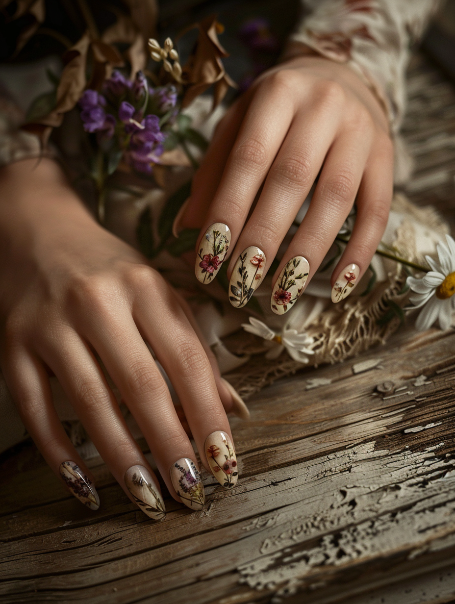 Create a photorealistic image capturing the essence of spring with a focus on meticulously designed Floral Fantasy Spring Nails. The composition centers on a pair of hands positioned delicately on a vintage, wooden table, embodying elegance and refinement. The nails are adorned with an exquisite, detailed floral design that includes miniature roses, daisies, and lavender, painted with the utmost precision and vibrant colors that stand out against the natural skin tone. Opt for natural lighting to highlight the intricate designs and glossy finish of the nail art, evoking the soft, warm glow of early morning sunlight that creates a gentle yet detailed shadow play on the wooden surface, enhancing the texture and depth of the scene. The camera setup aims for hyper-realism, utilizing a high-resolution DSLR, such as a Canon EOS 5D Mark IV, equipped with a macro lens (100mm f/2.8L Macro IS USM) to capture every minute detail in sharp focus, from the tiny brush strokes of the nail paint to the fine grain of the wood, ensuring the image resonates with the freshness and vibrancy of spring. Emulate the style of iconic 2020s visual content, balancing composition and lighting to create an image that feels both contemporary and timeless, with a touch of film grain to add texture and depth.