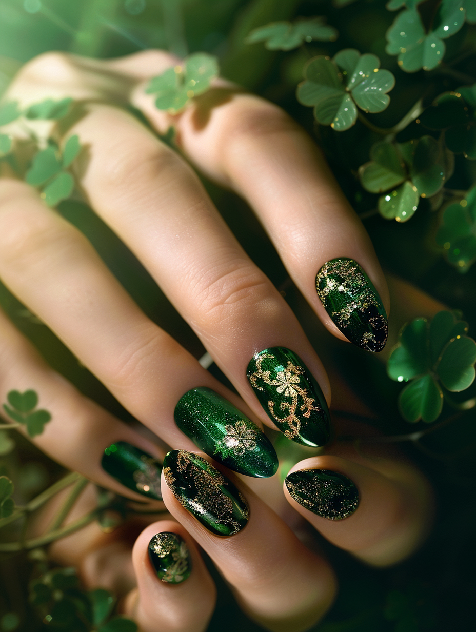 Craft a photorealistic image capturing the essence of St. Patrick's Day through an intricate, lively nail design. Envision a hand, skin tone aglow with natural light mimicking the soft warmth of a late afternoon sun. The nails are a canvas of deep emerald greens and shimmering golds, each adorned with delicate patterns: clovers, intricate Celtic knots, and occasional glints of tiny, embedded emeralds catching the light. High-detail rendering should showcase the texture of the nail polish, from the glossy finish of the green to the metallic sheen of the gold, creating a tactile sensation. The composition leans on a shallow depth of field, using a DSLR camera setup with a 50mm f/1.8 lens for that sharp focus on the nails against a softly blurred background, evoking a sense of immediacy and intimacy. Lighting is key, employing global illumination techniques to ensure every glint and gloss feels organically integrated into the scene. This setting is not just about the vibrancy of the colors but the play of light and shadow across the surfaces, enhancing the depth and reality of the image. Aim for a visual style reminiscent of high-quality 2020s lifestyle content, where the balance, texture, and detail pull the viewer into the moment.