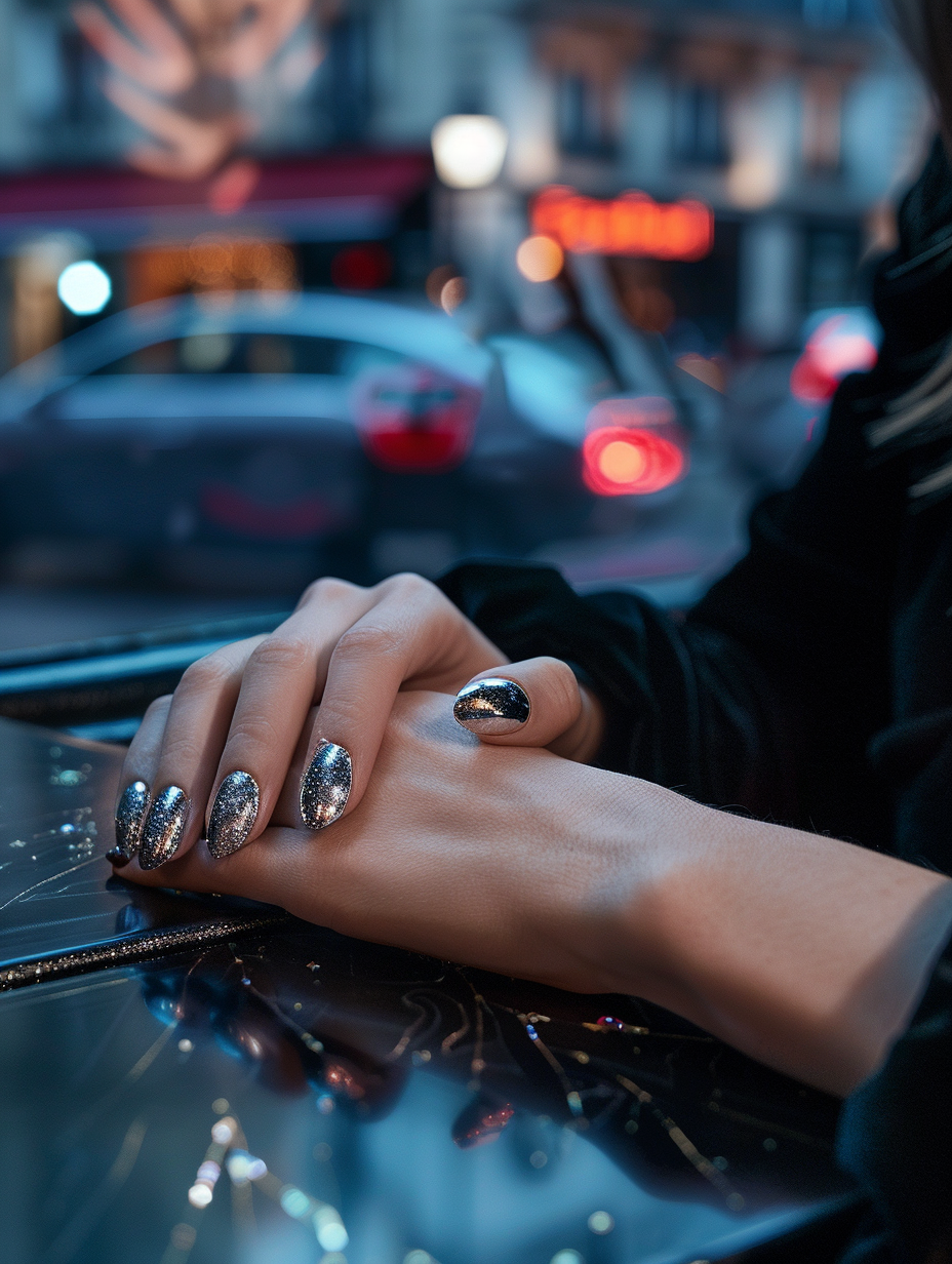 Create an ultra-realistic image of Urban Chic Basic Baddie Nails, capturing the essence of modern urban style with emphasis on minute, intricate details. The main focus is on a set of perfectly manicured hands rested casually on a textured, matte-black café table. Each nail is a miniature masterpiece of nail art – featuring glossy black and metallic silver designs, accented with delicate, tiny rhinestones that catch the surrounding natural light. The lighting should replicate the soft, diffused illumination of a cloudy day, enhancing the nails' reflective surfaces and the subtle shadows they cast. The photograph emulates the visual depth and high detail reminiscent of a Peter Lindbergh portrait, employing a Canon EOS R5 camera paired with a RF 85mm F1.2L USM lens to ensure a sharp focus on the nails while softly blurring the background, infusing life and movement into the urban setting. The composition is meticulously balanced, with the hands positioned slightly off-center to draw the eye along the nails' intricate designs towards the ambient city life blurred in the background. High-resolution texture and a hint of film grain add to the image's realism, making it indistinguishable from a moment captured in the bustling heart of a city.