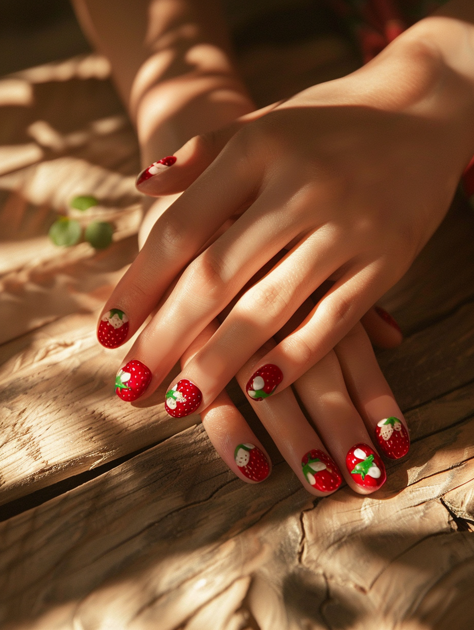 Capture a photorealistic image of sweet, playful strawberry-themed nails, meticulously manicured with vibrant red polish, delicate green leaf accents, and tiny white seed details. Position the hands softly clasped over a sunlit, natural wood surface, emphasizing the nails' glossy finish and the texture contrast. Utilize natural daylight to enhance the colors' vividness and shadow play, employing a Canon EOS R5 camera paired with a RF 85mm F1.2L lens for sharp focus and bokeh, mimicking the clarity and depth of Annie Leibovitz's portraits. The composition should be balanced, with the hands centrally framed, capturing the nuanced reflections and subtle skin textures, evoking a warm, cheerful ambiance reminiscent of a serene, golden hour.