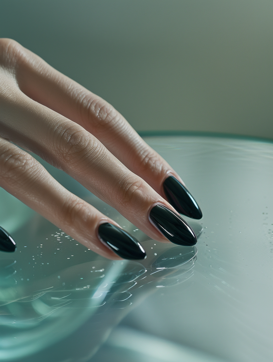 Capture an image of sophisticated and bold black nails, polished to a glossy finish. The nails are the center of attention, resting gently on the edge of a frosted glass table that reflects soft, ambient natural light, mimicking the effect of global illumination. Utilize a Canon EOS R5 camera with a 50mm f/1.2L USM lens to achieve a shallow depth of field, placing the nails in sharp focus against a softly blurred, muted background ensuring high detail and texture in the nails and their immediate surroundings. The lighting should be reminiscent of the soft, diffused light in a Johannes Vermeer painting, highlighting the curvature and glossy finish of the nails, and creating subtle reflections and shadows on the glass surface. Composition-wise, aim for a slightly off-center placement of the hand, encouraging the viewer's eye to explore the image. Emphasize the tactile contrast between the smooth nails and the rough texture of the surrounding environment, possibly including fabrics or natural elements, to enhance the feeling of depth and reality. The final image should evoke a sense of elegant minimalism, focusing on the interplay of light and shadow, the details of the black nails, and the textures of the materials in view, encapsulating the essence of high-quality 2020s visual content with a nod to classical artistry.