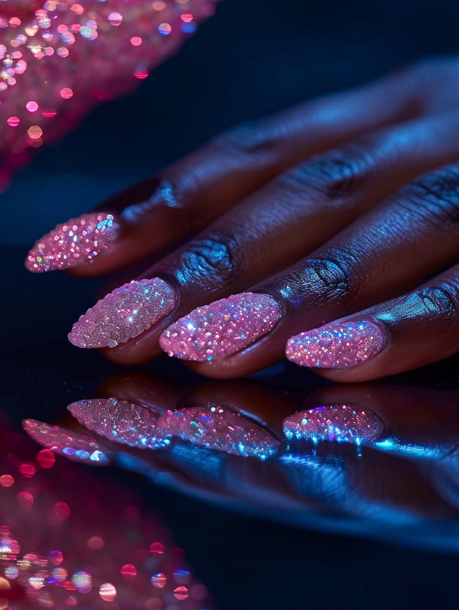 Capture a close-up, highly detailed image of a hand adorned with Sparkling Elegance - Pink Gem Nails, reflecting a pristine, real-life snapshot engineered for the 2020s high-quality visual content standards. The main subject is the hand, positioned gracefully on a reflective black surface that mirrors the sparkling gems, enhancing their luminosity. Employ a Canon EOS-1D X Mark III, using a 100mm f/2.8L Macro IS USM lens, set to ensure sharp focus on the nails while subtly blurring the background to mimic a shallow depth of field, characteristic of portrait photography. Utilize natural light streaming from a nearby window, augmented with a softbox to the left, creating a gentle illumination on the gems and a slight shadow on the opposite side, thus achieving a balanced composition with a soft yet detailed shadow play. The image should embody the essence of high detail and film grain texture, reminiscent of the tactile vividness found in editorial beauty photography by renowned photographers like Patrick Demarchelier. The mood is serene and luxurious, with the pink gems sparking elegantly under the sophisticated lighting setup, conveying not just the visual but the tactile allure of the nails, all while maintaining the environmental authenticity and depth.