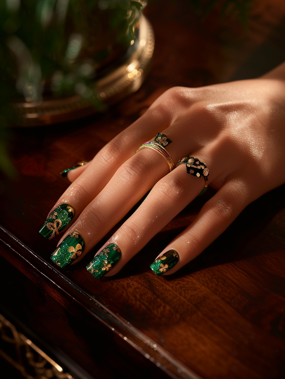 Create a photorealistic image that centers on a hand splayed elegantly across a rich, dark mahogany table, showcasing a St. Patrick’s-themed nail design. Each nail is a masterpiece of intricate patterns combining emerald greens, gold sparkles, and subtle shamrock motifs, with one nail featuring a tiny, but exquisitely detailed, leprechaun hat. The lighting captures the scene in the soft, diffused glow of late afternoon, reminiscent of a Barry Lyndon scene, employing natural light to enhance the iridescent quality of the nail polish and the shimmer of the gold. The camera setup mimics a Canon EOS R5's capabilities, with a 50mm f/1.2 lens ensuring sharp focus on the nails, while gently blurring the background to emphasize the vivid colors and detailed artistry. The high detail, combined with a touch of film grain, adds to the tactile realism of the scene, making the nails almost leap from the image with life and vibrancy.