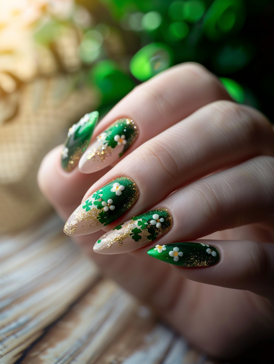 Craft a photorealistic image capturing an intricate, lucky, and lively St. Patrick's Day-themed nail design. The main subject is a hand positioned gracefully on a wooden table, subtly lit by the soft, natural light of a late afternoon, emulating the golden hour. The nails are adorned with high-detail, sharp-focus art featuring shamrocks, pots of gold, and delicate rainbows across a glossy green, gold, and white palette. Each nail showcases a unique element of the theme, displaying a range of textures from matte finishes to sparkling accents, meticulously painted to appear almost tactile. The camera setup mirrors that of a Canon EOS 5D Mark IV with a 50mm f/1.2 lens, ensuring depth of field that emphasizes the nails while gently blurring the background, offering a touch of realism with a hint of film grain. The ambient, global illumination casts soft, natural shadows, highlighting the curves and intricacies of the nail art. This setting evokes the style of a high-quality 2020s lifestyle magazine shoot, focused solely on the elegance and thematic beauty of the St. Patrick's Day nail design.