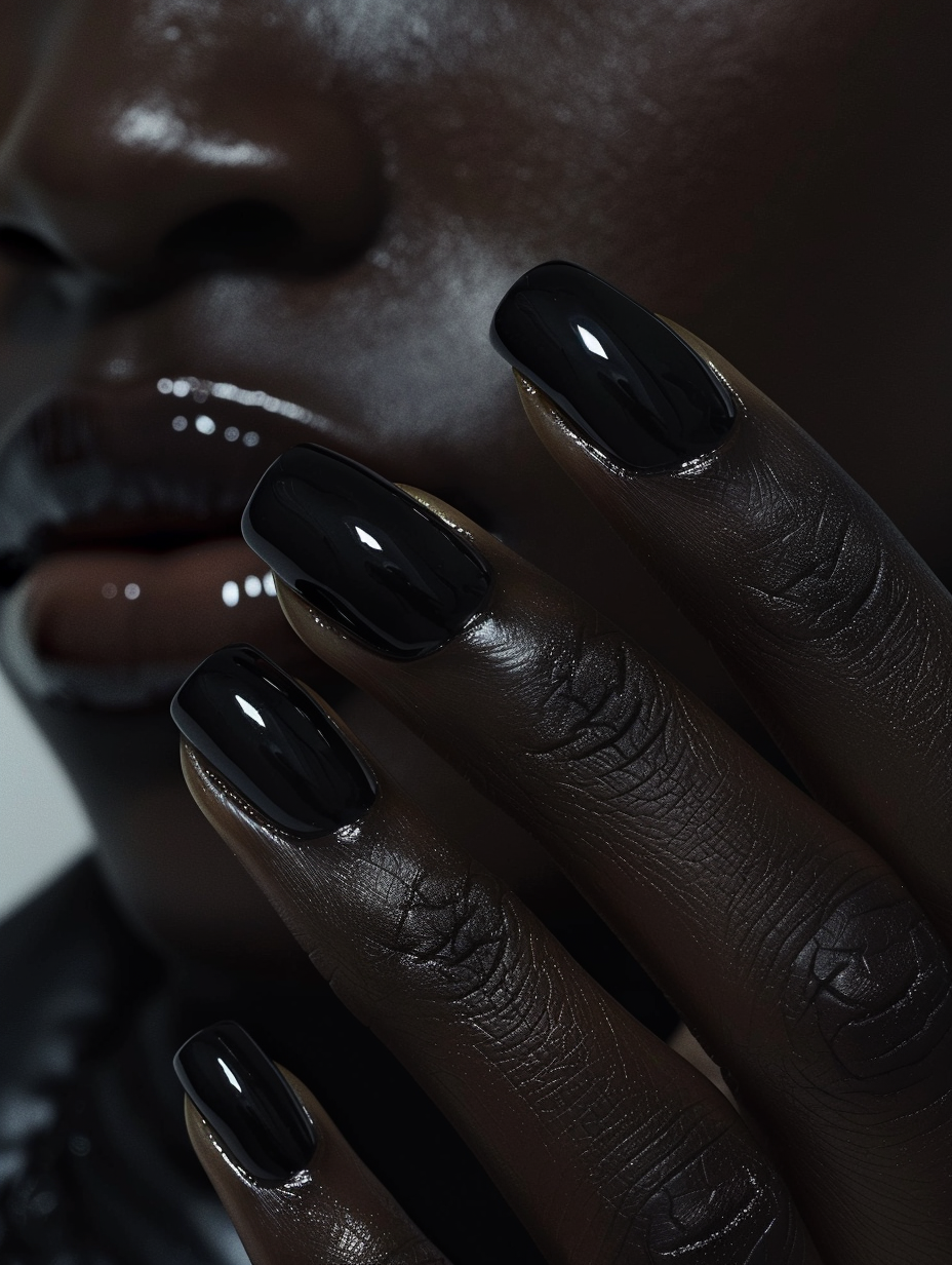 Capture a close-up, highly detailed image of sophisticated and bold black nails, reflecting a strong personality and a fashion-forward attitude. The nails should be impeccably manicured, with a glossy, almost liquid-like finish that catches the light. Utilize a Canon EOS R5 camera paired with an RF 85mm F1.2L USM lens to achieve a shallow depth of field, ensuring the nails are in sharp focus against a softly blurred background. Lighting should mimic a soft, natural daylight scenario, reminiscent of Annie Leibovitz's portrait lighting, with a gentle glow highlighting the subtle textures of the skin around the nails and the smooth, rich black polish. The composition should be balanced, with the hands gracefully positioned to showcase the nails, possibly with a hint of luxurious fabric or a minimalist, elegant accessory to add context without distracting. Aim for a visual style that encapsulates high-quality 2020s visual content, focusing on fine details, crisp clarity, and a balanced use of film grain to enrich the image's texture and depth.