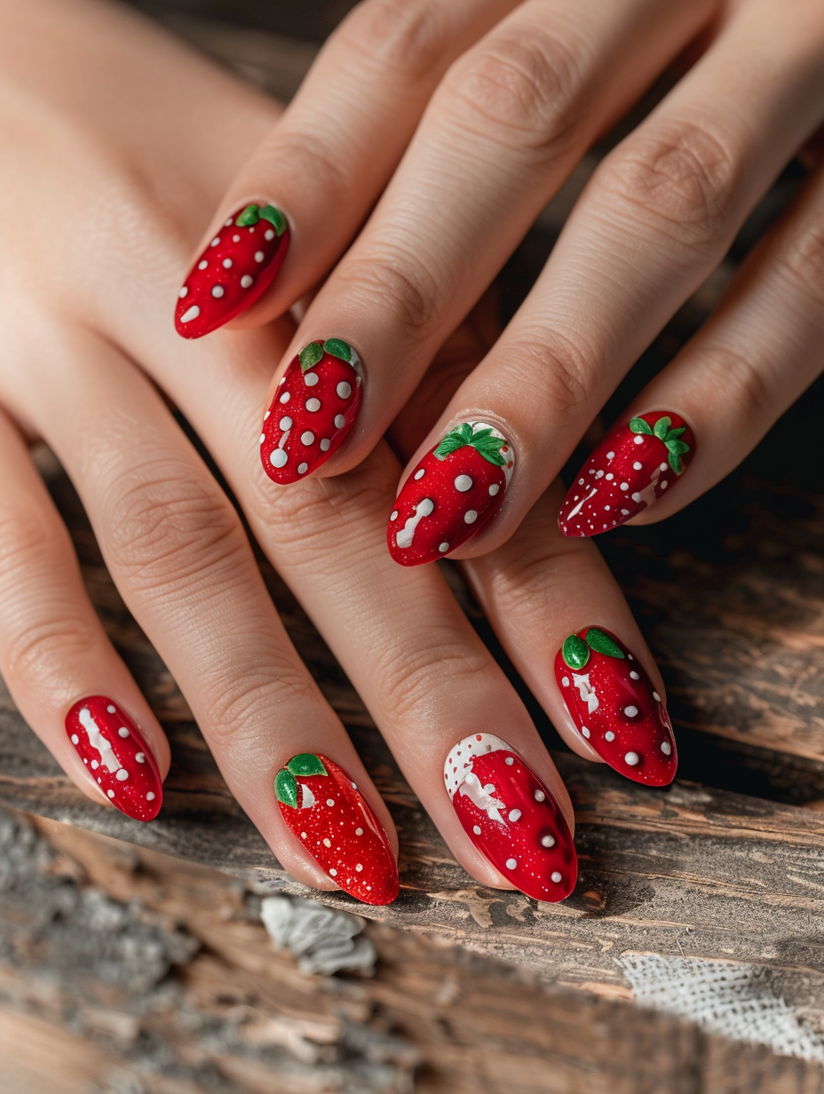 Capture a photorealistic image of Sweet and Playful Strawberry Themed Nails, meticulously detailed to appear as a vibrant slice of life. The nails are painted in a glossy, rich red, adorned with delicate white polka dots and tiny, green leaf-like accents at the base, emulating the iconic strawberry pattern. Each nail is a work of art, gleaming under the soft, natural light that mimics the golden hour's warmth, enhancing the vivid colors and creating subtle shadows that add depth. The hands are positioned gracefully on a rustic wooden table, which contrasts with the playful nail art, adding an organic feel to the scene. The background is softly blurred, focusing attention on the nails' intricate designs. The image is shot with a Canon EOS R5, using a 100mm f/2.8L Macro IS USM lens to capture every minute detail in sharp focus, from the slight texture of the nail polish to the natural skin tone. The final composition is carefully balanced, with the hands centrally positioned to draw the eye, while the surrounding muted tones emphasize the nails’ brightness. This scene, crafted with high detail and a depth of texture including a slight film grain, pays homage to the style of contemporary portrait photography, reminiscent of the clarity and emotional resonance found in the works of Annie Leibovitz.