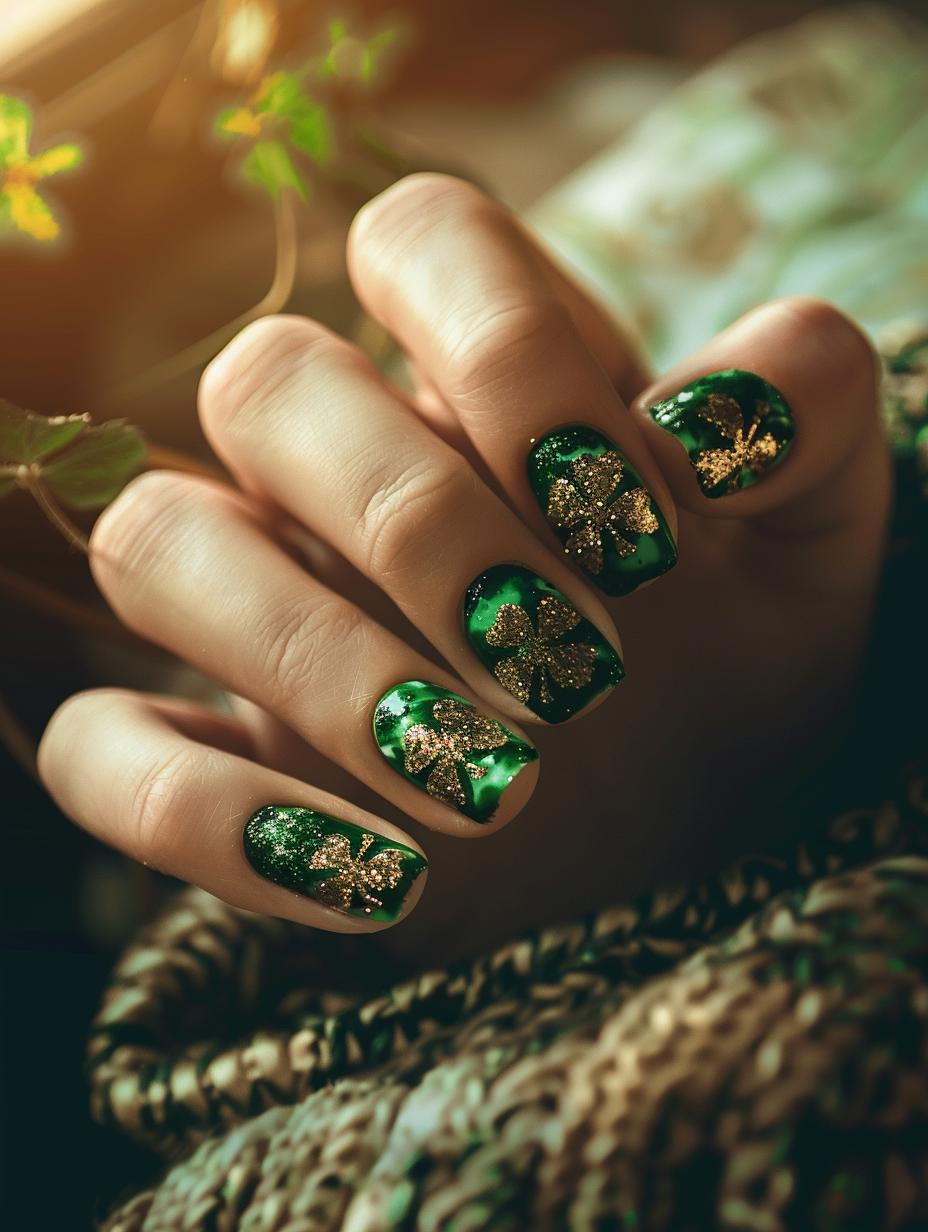 Craft a photorealistic image showcasing a hand model flaunting a Lucky and Lively St. Patrick's Day-themed nail design. The nails should display intricate shamrock patterns with subtle gold glitter accents over a deep emerald green base. Imagine capturing this scene in the soft, golden hour sunlight seeping through a nearby window, highlighting the glossy finish of the nails and the delicate skin texture of the hand. The image should emulate the clarity and depth seen in a Peter Lindbergh portrait, utilizing a Canon EOS-1D X Mark III camera with a 24-70mm f/2.8 lens, ensuring sharp focus on the nails while softly blurring the background. The composition balances the vibrant nail art with the natural elegance of the hand posture, set against a muted, textured linen fabric to avoid distraction and enhance the St. Patrick’s theme. Apply gentle film grain in post-processing for a touch of vintage realism, crafting a scene that feels both celebratory and serenely real.