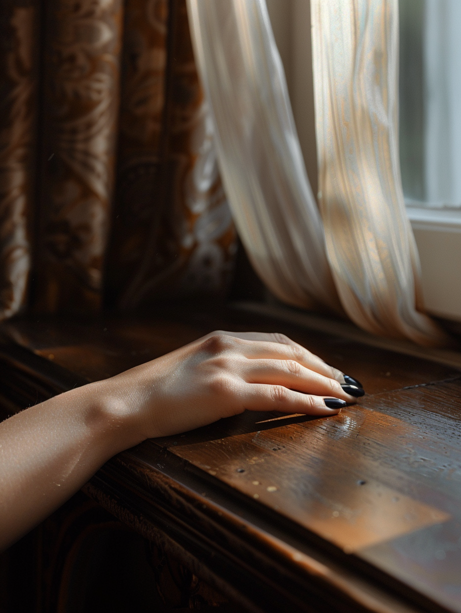 Capture a close-up, photorealistic image of a hand with sophisticated, bold black nails, resting elegantly on a rich, mahogany table under soft, natural daylight filtering through sheer curtains. The scene mimics a high-quality 2020s Vogue editorial, with a Canon EOS 5D Mark IV, equipped with a 50mm f/1.2 lens, ensuring sharp focus on the nails while subtly blurring the background to emphasize texture and depth. The lighting should highlight the glossy finish of the nails and the intricate, subtle reflections, showcasing the complexity of the black polish. Ensure there's a slight film grain to give the image warmth and a tactile quality, making it feel palpable. The composition balances the boldness of the nails with the understated elegance of the setting, capturing a moment that’s both timeless and distinctly contemporary.