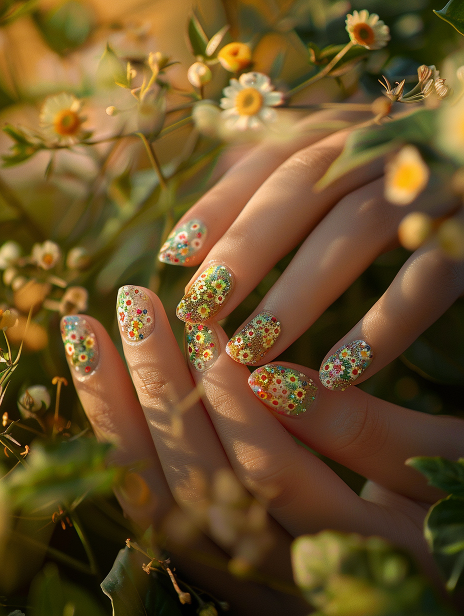 Capture a photorealistic image of meticulously manicured hands presenting a concept of Floral Fantasy - Spring Nails, where each fingernail is an individual masterpiece of tiny, intricate flowers blooming in vibrant, lifelike colors. The scene is set outdoors during golden hour, with soft, diffused natural light enhancing the delicate details and creating subtle shadows, contributing to a dreamy atmosphere. Utilize a Canon EOS R5 camera paired with a Canon RF 85mm F1.2L USM lens to achieve sharp focus on the nails while softly blurring the background, embodying the essence of high-quality 2020s visual content. The composition should balance the vivid hues of the nails against the serene, natural greenery in the blurred background, adding depth and context. Aim for a tactile feel, accentuating textures such as the glossy finish of the nails and the softness of the surrounding foliage, enhanced by advanced lighting techniques like global illumination to mimic real-world lighting subtleties. Ensure the image communicates a sense of freshness and elegance, mirroring the revival and beauty of spring in a style reminiscent of renowned lifestyle photographers like Jamie Beck or Daniel Sannwald.