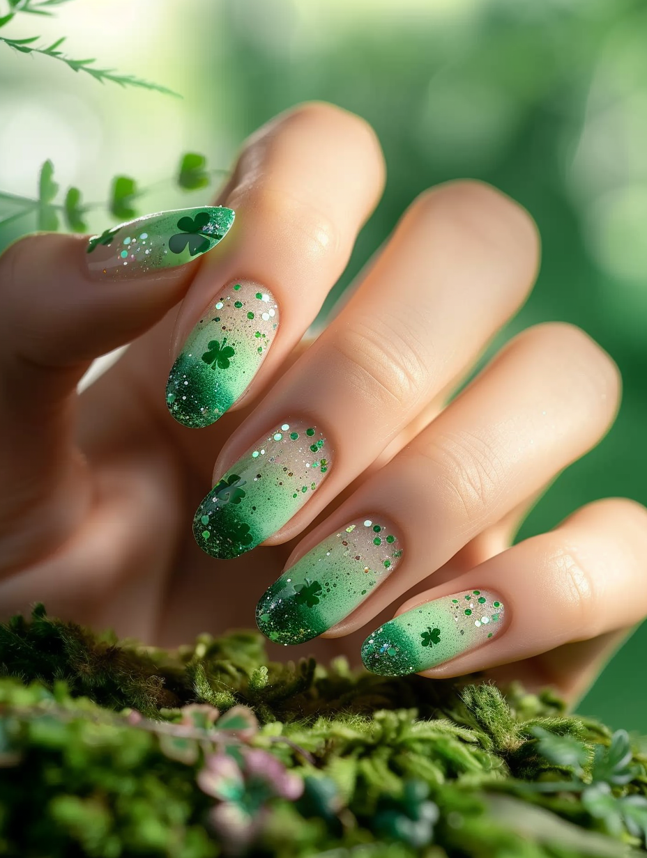 Craft a photorealistic image capturing a close-up of elegant, Lucky and Lively St. Patrick’s themed nail design, featuring meticulous details such as clover-shaped sparkles and a gradient of emerald green to a soft mint hue. The nails are perfectly manicured, exhibiting a glossy finish that reflects the subtle, natural light of an early spring morning. Utilize a Canon EOS R5 camera paired with an RF 100mm F2.8 L Macro IS USM lens for sharp focus on the nails, while creating a creamy bokeh effect for the softly lit, blurred background, emphasizing the high-detail texture of the nail art. This setting aims to replicate the visual style seen in modern high-end beauty editorials, combining global illumination and natural lighting to highlight the fine glitter and the intricate designs, making the vibrant greens pop against the model’s fair skin. The composition is meticulously balanced, with the hands gently resting on a mossy surface that complements the theme, adding depth and a touch of realism to the scene.