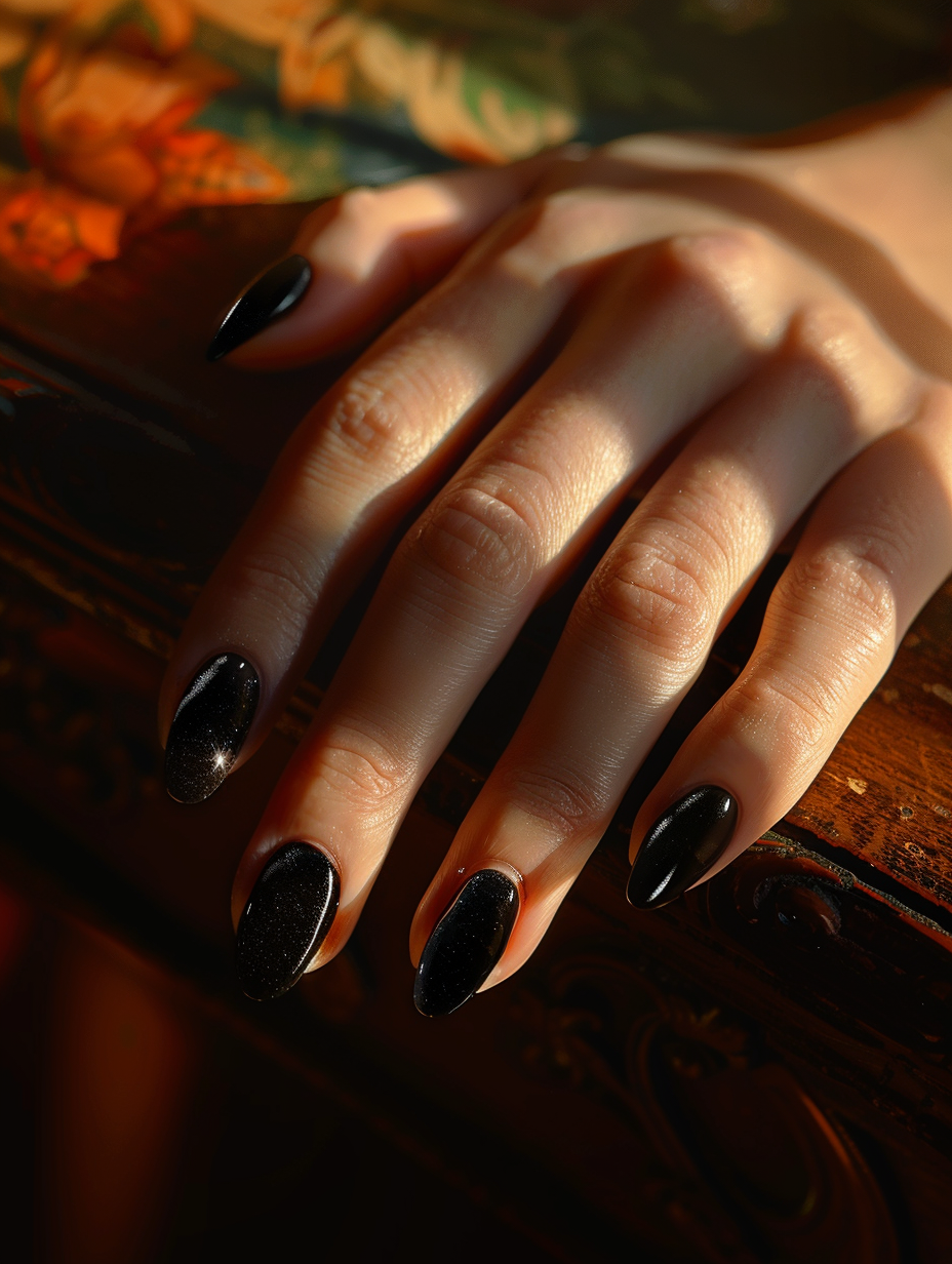 Capture a photorealistic image of sophisticated and bold black nails, positioned elegantly atop a vintage, mahogany table, bathed in the golden hour's soft, warm light permeating through a nearby window. The lighting should create a subtle glow on the smooth, glossy finish of the nails, emphasizing their flawless application and the rich, deep black color that contrasts sharply with the subject's fair skin. The image, reflecting a high-quality 2020s aesthetic reminiscent of Annie Leibovitz's portrait work, should employ a Canon EOS R5 camera paired with an RF 85mm F1.2L USM lens to achieve a narrow depth of field, ensuring the nails remain in sharp focus against a softly blurred background. Incorporate elements of natural textures and materials to enhance the composition's balance and depth, with the play of light and shadow adding a tangible sense of mood and dimension. Aim for a high level of detail, with visible brush strokes on the nails if viewed closely and the wood's natural grain subtly illuminated by the side lighting, creating a scene that feels intimately real and vividly present.