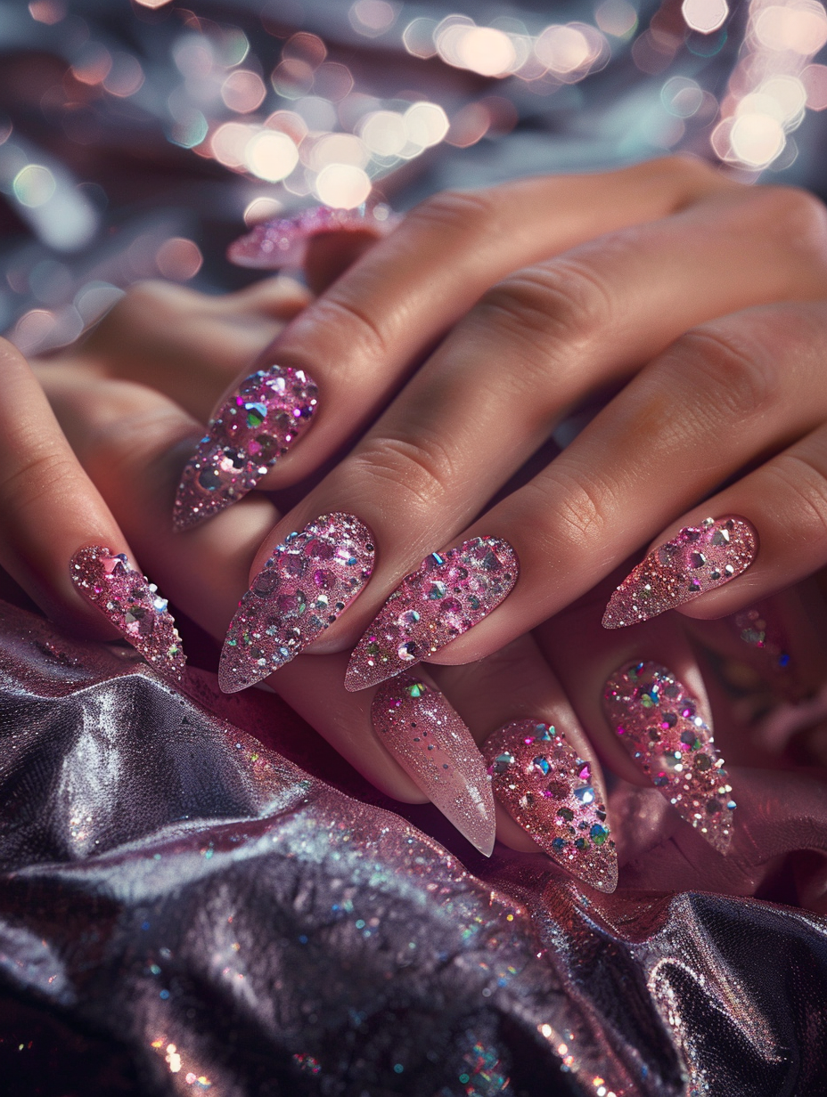 Capture a high-detail, photorealistic image of Sparkling Elegance - Pink Gem Nails, exuding the air of a luxurious fashion magazine spread from the 2020s. The main focus is on a hand with slender fingers, adorned with shiny, pink gem acrylic nails, each nail meticulously detailed with tiny, dazzling crystals that catch the light. The lighting employs global illumination and soft, natural sunlight filtering through a nearby window, casting gentle shadows and highlighting the gem’s sparkle, akin to the brilliant photography of Annie Leibovitz. The camera setup is a Canon EOS-1D X Mark III with a 50mm f/1.2L lens, ensuring a shallow depth of field that blurs the background and accentuates the sharp focus on the nails and their intricate designs. In the background, a subtle texture of luxurious, dark velvet fabric adds depth, contrasting with the nails' bright sparkle. The overall composition balances elegance and detail, achieving a mesmerizing still life that vibrates with life and light, ensuring the nails and their fine details are the unequivocal heroes of the shot.