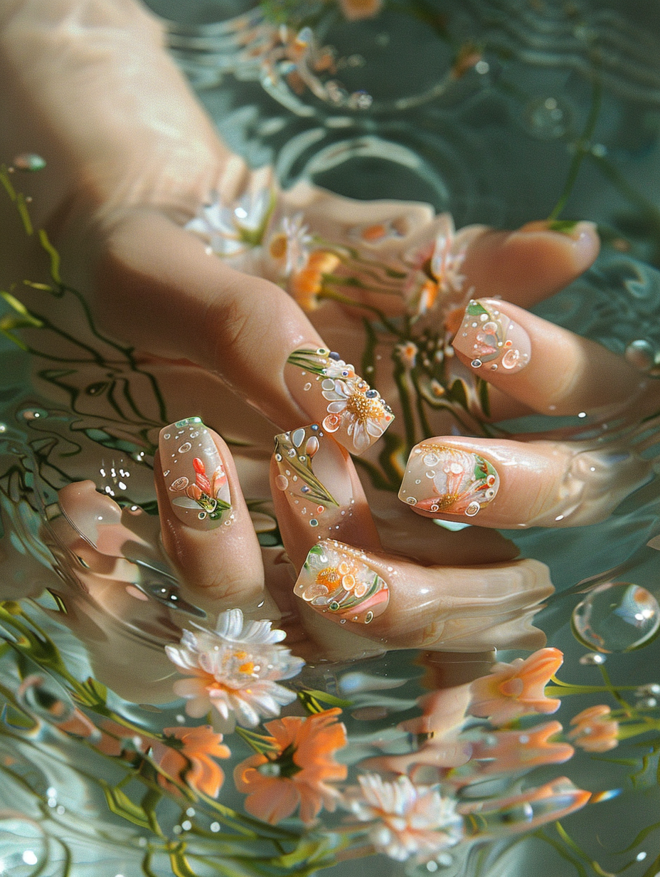 Generate a photorealistic image of meticulously detailed Spring Nails inspired by a Floral Fantasy, akin to a high-quality snapshot you'd find in a luxe beauty editorial from the 2020s. The main subject is a hand poised gracefully on a surface that mimics the dewy freshness of early morning in spring, capturing the essence of rebirth and bloom. The nails are painted with an exquisite palette of pastels—soft pinks, gentle lavenders, and fresh greens, each nail a canvas displaying an intricate floral design that includes tiny, lifelike painted flowers, delicate vines, and minuscule dewdrops that seem to glisten in the light. Ensure the lighting showcases advanced techniques like global illumination and soft, natural light filtering through a nearby window, highlighting the subtle textures of the nail art and the soft, youthful skin of the hand, while casting soft shadows that enhance the three-dimensionality of the floral designs. The camera setup mimics a Canon EOS R5 setup with a 100mm f/2.8L Macro IS USM lens, ensuring the image has sharp focus, high detail, and a shallow depth of field that blurs the background subtly, drawing attention to the vivid detail and vibrant colors of the nails. Reflect the style and high resolution seen in works by renowned photographers like Jamie Nelson or the vivid storytelling seen in Wes Anderson's film scenes, with a flawless composition where every detail contributes to the narrative of a blooming spring.