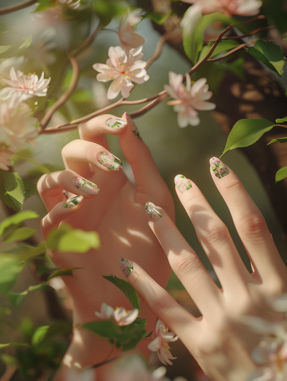 Craft a photorealistic image capturing the essence of Floral Fantasy - Spring Nails nestled within an enchanting springtime garden. The main subject is a pair of delicate hands, their nails meticulously painted with an intricate design of blooming flowers, each petal and leaf rendered with astonishing detail and sharp focus to give a sensation of vibrant life. These nails should shimmer under the soft, dappled sunlight of early morning, achieved through global illumination that replicates the natural light filtering through a canopy of fresh, green leaves. Employ a camera setup akin to a Canon EOS R5 with a 100mm f/2.8L Macro IS USM lens to capture the minute details of the nail art, the texture of the skin, and the interplay between light and shadow with high fidelity. The composition should be balanced, placing the hands slightly off-center, surrounded by a blur of lush garden greenery that boasts a depth of field effect, making the nails the undoubted focal point of the image. Aim for the style and clarity of 2020s high-resolution visual content, ensuring the finished image resonates with the tactile beauty of the scene, complete with subtle film grain to add texture and a touch of realism.