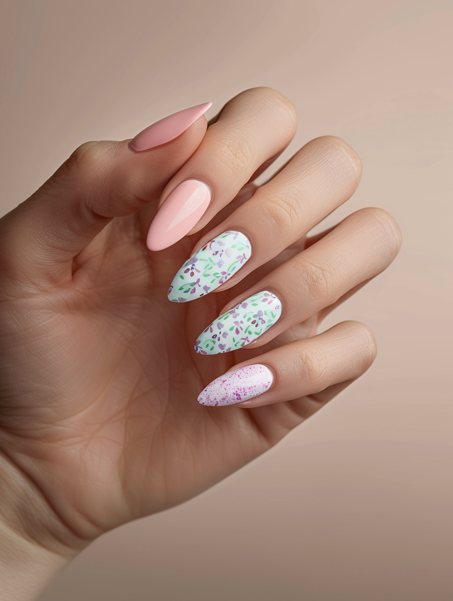 Capture an exquisite, photorealistic image featuring a hand adorned with pastel nail designs that exude soft elegance. The fingernails, meticulously shaped in a chic, almond fashion, are painted in a harmonious palette of pastel hues including soft lavender, pale pink, mint green, and a whisper of baby blue, each nail featuring delicate, intricate floral patterns that suggest a gentle intertwining of nature and artistry. Lighting should mimic the golden hour’s natural, diffused light, casting a warm glow that highlights the subtle iridescence of the nail polish and the soft textures of the skin, while a shallow depth of field brings the detailed artistry of the nails into sharp focus against a softly blurred background. Utilize a Canon EOS R5 with a 100mm f/2.8L Macro IS USM lens to achieve an ethereal quality with high detail, ensuring the image holds an almost tangible texture. The composition should be balanced and elegant, with the hand's graceful positioning at the center, slightly offset to allow natural light to accentuate the contours and the colors of the design. This scene should remind viewers of the high-definition, stylistic photography seen in leading fashion editorials of the 2020s, where every detail from the gleam of the nail polish to the fine lines of the skin is rendered with striking clarity and richness.