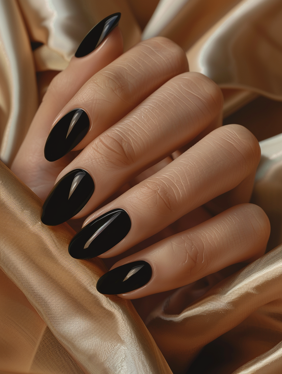 Capture a photorealistic image of sophisticated, bold black nails, sharply focused and gleaming with a high-gloss finish. Position the hands delicately against a backdrop of muted, luxurious silk, the texture detailed and soft. Utilize natural light filtering through a nearby window, enhancing the nails' reflective surface and creating a warm, inviting atmosphere. The camera, a Canon EOS-1D X Mark III, paired with a EF 85mm f/1.2L II USM lens, should be set to achieve a shallow depth of field, focusing primarily on the nails while gently blurring the background. Aim for a composition that balances the hands centrally, with the silk's subtle creases and the intricate reflections on the nails drawing the viewer's eye. The mood is akin to a serene morning, captured with the dynamic range and color fidelity reminiscent of a high-quality 2020s editorial magazine shoot, ensuring every detail from the nail's texture to the silk's weave is rendered with high detail and sharpness, without losing the natural, lifelike essence of the scene.