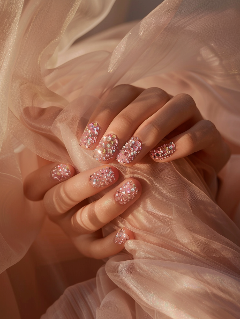 Capture a photorealistic image of Sparkling Elegance - Pink Gem Nails, reminiscent of the high-quality 2020s visual style akin to the work of renowned photographers like Mario Testino. The main subject, a hand with meticulously manicured nails adorned with intricate pink gems that catch the light beautifully, should be in sharp focus against a softly blurred background, enhancing the jewels' sparkle. Utilize advanced lighting techniques, specifically natural light diffused through a sheer curtain to create a global illumination effect, casting subtle shadows and highlighting the texture and iridescence of the pink gems. The camera setup: a Canon EOS-1D X Mark III, paired with an EF 85mm f/1.2L II USM lens, fixed on a tripod for stability, aperture set to f/2.8 to achieve the perfect depth of field, making the gems pop against the creamy bokeh of the background. Compositionally, the hand should be positioned slightly off-center to the left, engaging the rule of thirds, with the fingertips gracefully pointing towards the corner, inviting the viewer's gaze to flow naturally across the image. Ensure the environment reinforces elegance, perhaps a hint of a silk fabric in the corner, without detracting from the main subject. Aim for a balance between high detail and the dreamy quality of film grain, making the image feel both vivid and timeless.