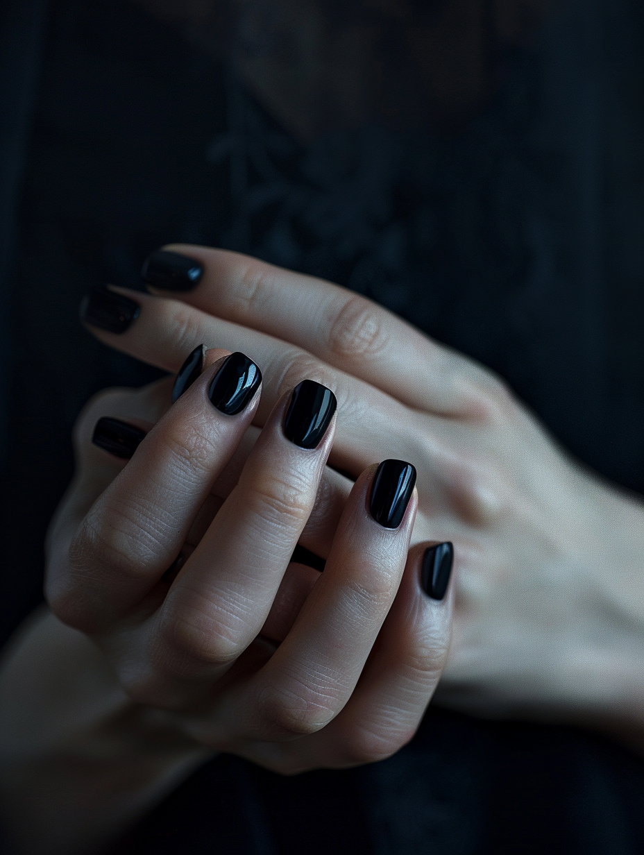 Capture a high-detail, sharp focus image of sophisticated and bold black nails, reminiscent of the moody, atmospheric work of photographer Gregory Crewdson. Use a Canon EOS-1D X Mark III with a 50mm f/1.2L lens, settings adjusted to ensure a shallow depth of field that crisply isolates the nails from a softly blurred background. Employ global illumination and natural light filtering through sheer curtains to create a diffuse, soft glow that accentuates the glossy finish of the black polish. The nails are elegantly poised against a dark, richly textured mahogany table, reflecting subtle highlights and contrasting the matte and gloss finishes. The composition is balanced with the hands centrally located, mimicking the style of high-quality 2020s visual content. Incorporate a slight film grain to imbue the scene with warmth and realism, capturing the sophistication and bold statement of the black nails in a photorealistic snapshot.