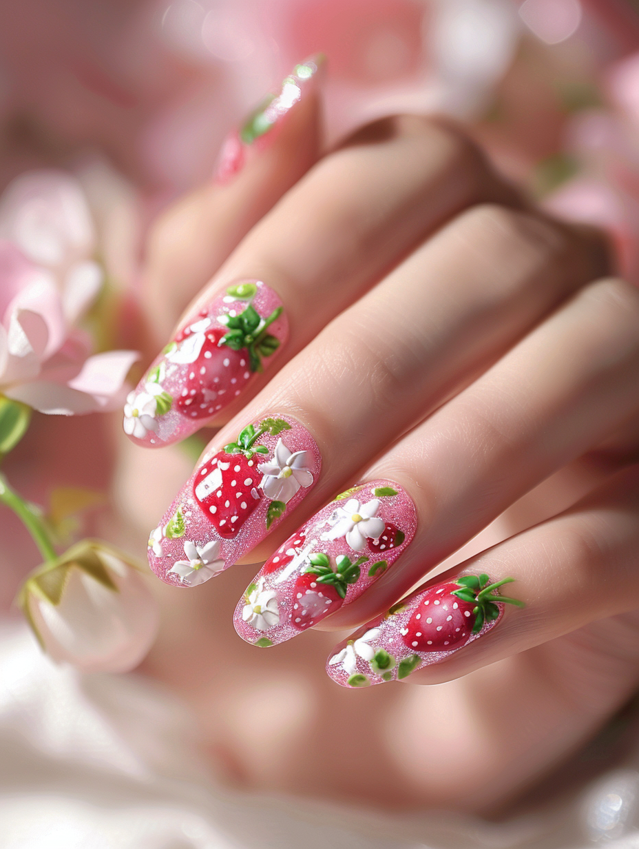 Craft a photorealistic image capturing the essence of sweet and playful strawberry-themed nails, meticulously detailed to replicate a high-definition, real-life photograph. The nails, gleaming under the soft glow of natural light, exhibit an array of designs: tiny strawberries, delicate white flowers, and fine green leaf accents on a glossy pink base. Employ advanced lighting techniques to highlight the textures and vibrant colors, ensuring a lively contrast and depth. The composition, inspired by the serene yet vivid 2020s aesthetic, mirrors the works of Annie Leibovitz in its emotive yet straightforward storytelling through imagery. Position the hands gently on a surface with a subtle texture, like a wooden table or linen cloth, to enhance the warmth and organic feel. Set the scene using a DSLR camera equipped with a macro lens, f/2.8 aperture to achieve a sharp focus on the nails with a blurred background, emphasizing the intricate nail art. Pay attention to the high detail, natural skin tones, and soft film grain texture to convey the playful theme authentically.