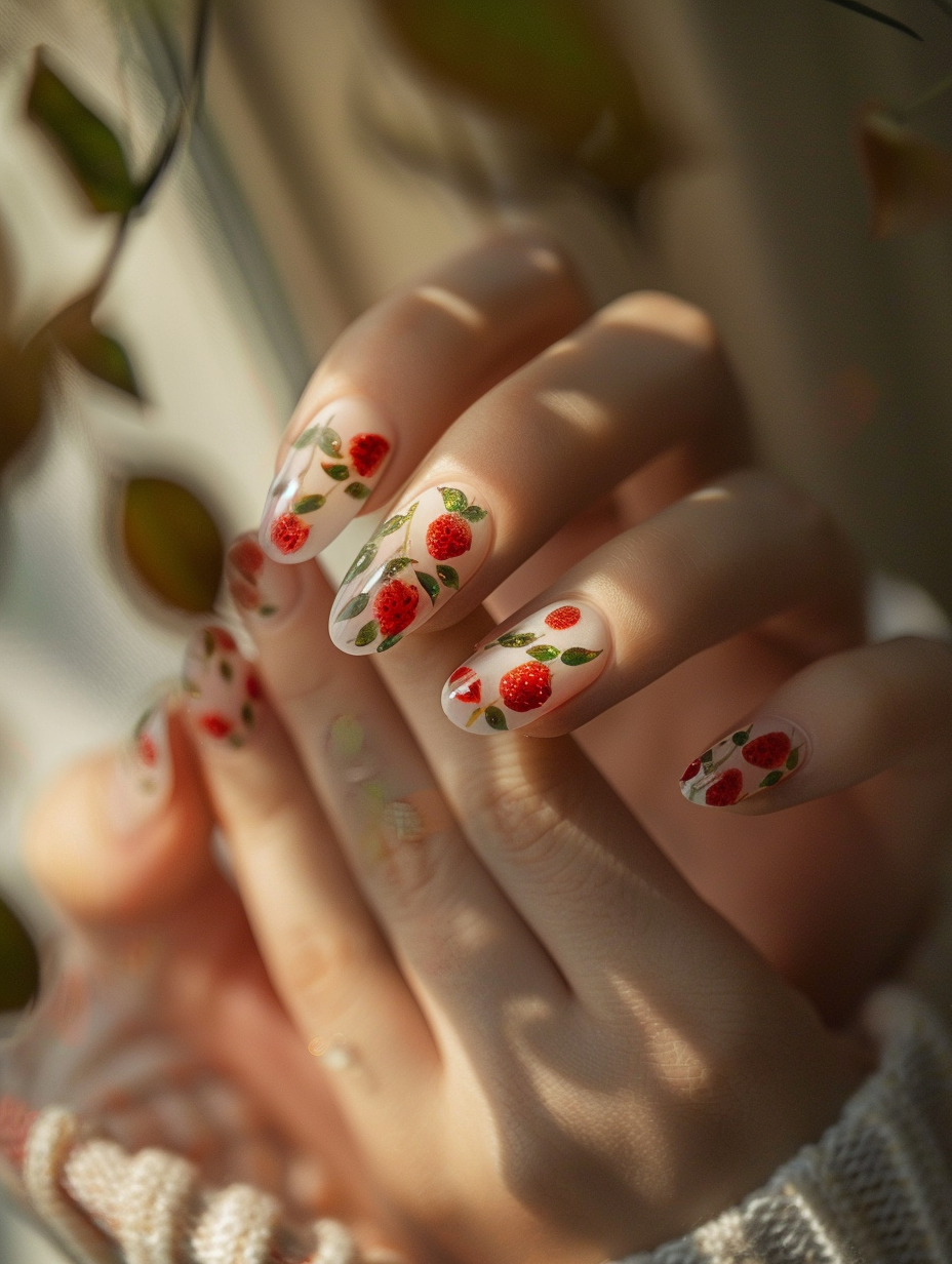 Capture a photorealistic image of lustrous, strawberry-themed nails in sharp focus, adorned with intricate, playful art - tiny, glossy red strawberries, and delicate green leaves meticulously painted atop a sheer pink base. The nails, of medium length and elegantly sculpted, reflect a soft glow under the natural light, suggesting late afternoon. Employ a Canon EOS R5 with a 100mm f/2.8L Macro IS USM lens to achieve a shallow depth of field, highlighting the whimsical nail art while softly blurring the background—a cozy, sunlit café setting with wooden textures and pastel accents—lending a warm, inviting mood. Illuminate the scene with global illumination to mirror the subtlety of real-life lighting, enriching the image's textures and colors. Aim for a composition that balances the detailed nails with the environment, summoning the high-quality, tangible feeling of 2020s lifestyle photography.