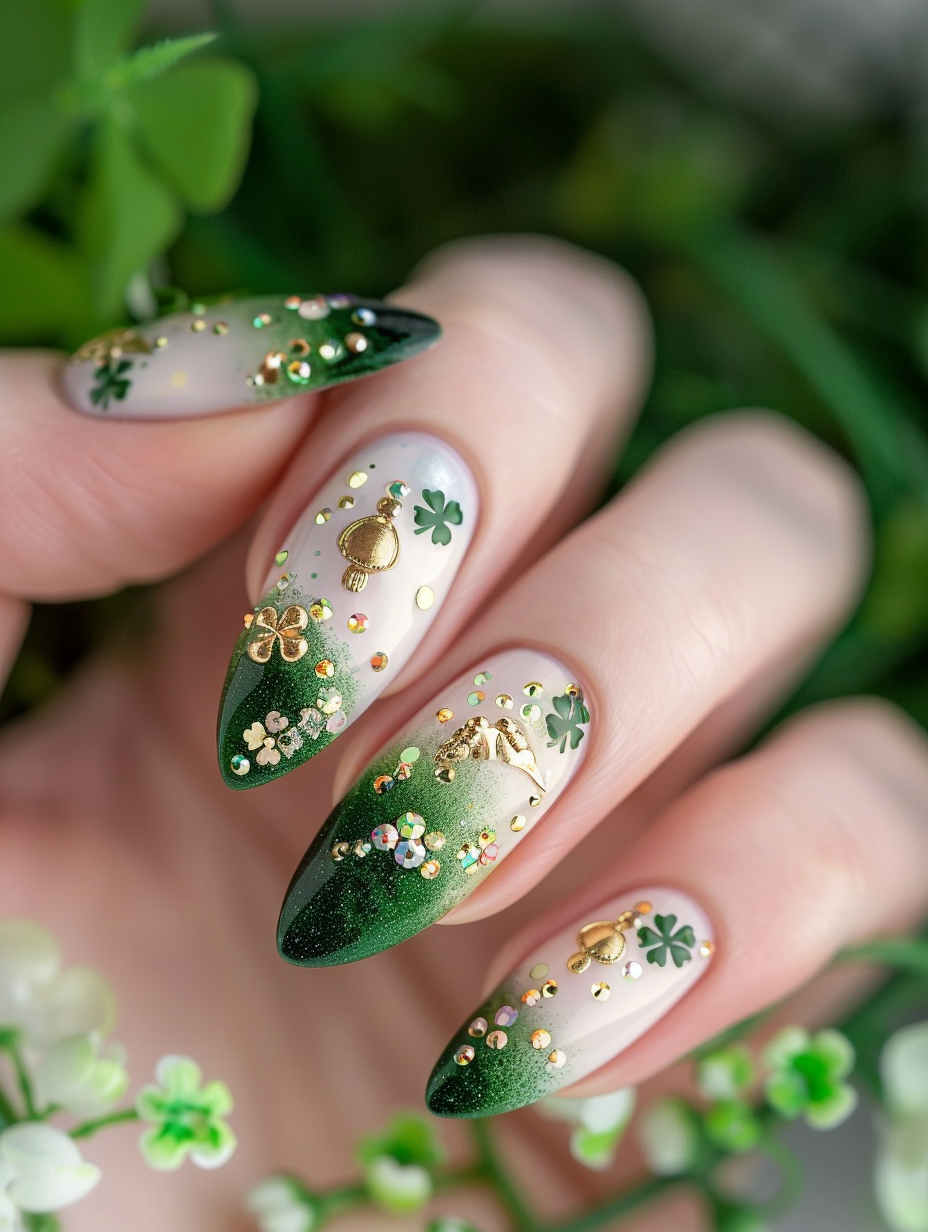 shamrocks, golden horseshoes, and whimsical leprechaun hats adorned with tiny, shimmering rhinestones that catch the light beautifully. The lighting should mimic the soft, diffuse glow of early spring sunlight, casting gentle shadows and highlighting the glossy finish of the nail polish and the delicate textures of the nail art. The scene is captured through a Canon EOS R5 camera, using a RF 24-70mm F2.8 L IS USM lens, set to create a shallow depth of field that brings the nails into sharp focus against a softly blurred background of natural elements, like fresh clover or moss, enhancing the St. Patrick's theme. The composition balances the vivid detail of the nails with the serene, muted background, employing a slight warmth in color temperature to evoke a cozy, festive mood typical of high-quality, current era portrait photography. Technical aspects like high detail, clarity, and a touch of film grain should be integrated to add texture and depth, making the image feel like a snapshot captured from real life, perfect for conveying the lively spirit of St. Patrick's Day.