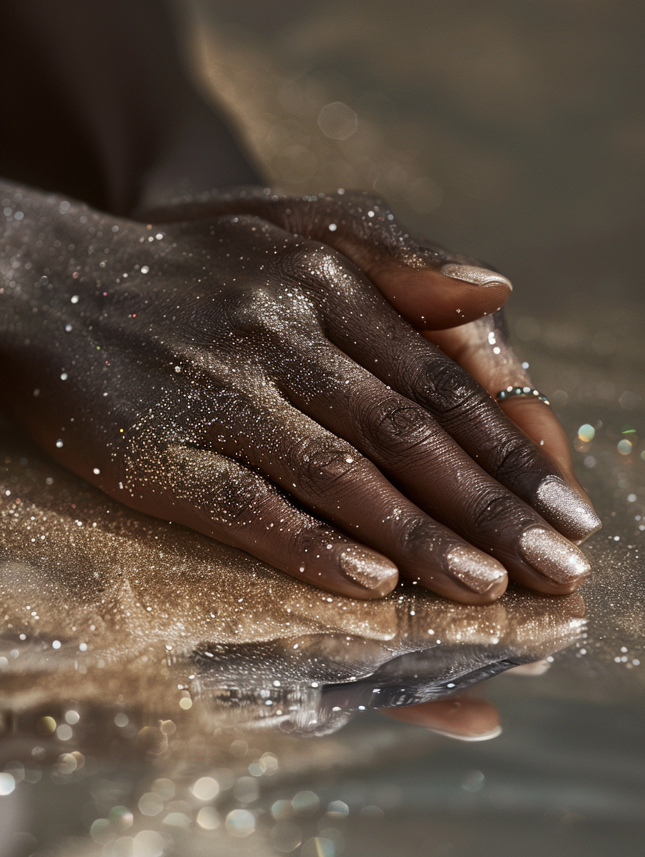 think of the gentle, diffused light reminiscent of Annie Leibovitz's serene portraits. Employ a Canon EOS-1D X Mark III, paired with an EF 100mm f/2.8L Macro IS USM lens, to achieve lifelike detail and texture, ensuring every facet of the gems catches the light and stands out against the subtle matte background of the skin. The composition should be balanced and harmonious, with the hands positioned gracefully, perhaps on a reflective surface to catch the sparkle of the nails, adding depth and a hint of luxury to the scene. There should be a slight film grain to enhance the tactile sense of the image, making it not just seen, but felt.