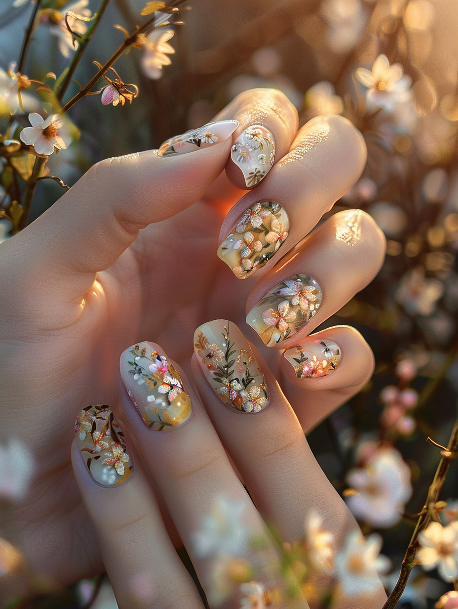 In this photorealistic image, the main subject is a set of intricately designed Spring Nails, showcasing a Floral Fantasy theme, captured in the golden hour of a spring day to take full advantage of the soft, natural lighting conditions synonymous with high-quality 2020s photography. Each nail is a canvas, featuring hyper-detailed, miniature floral art