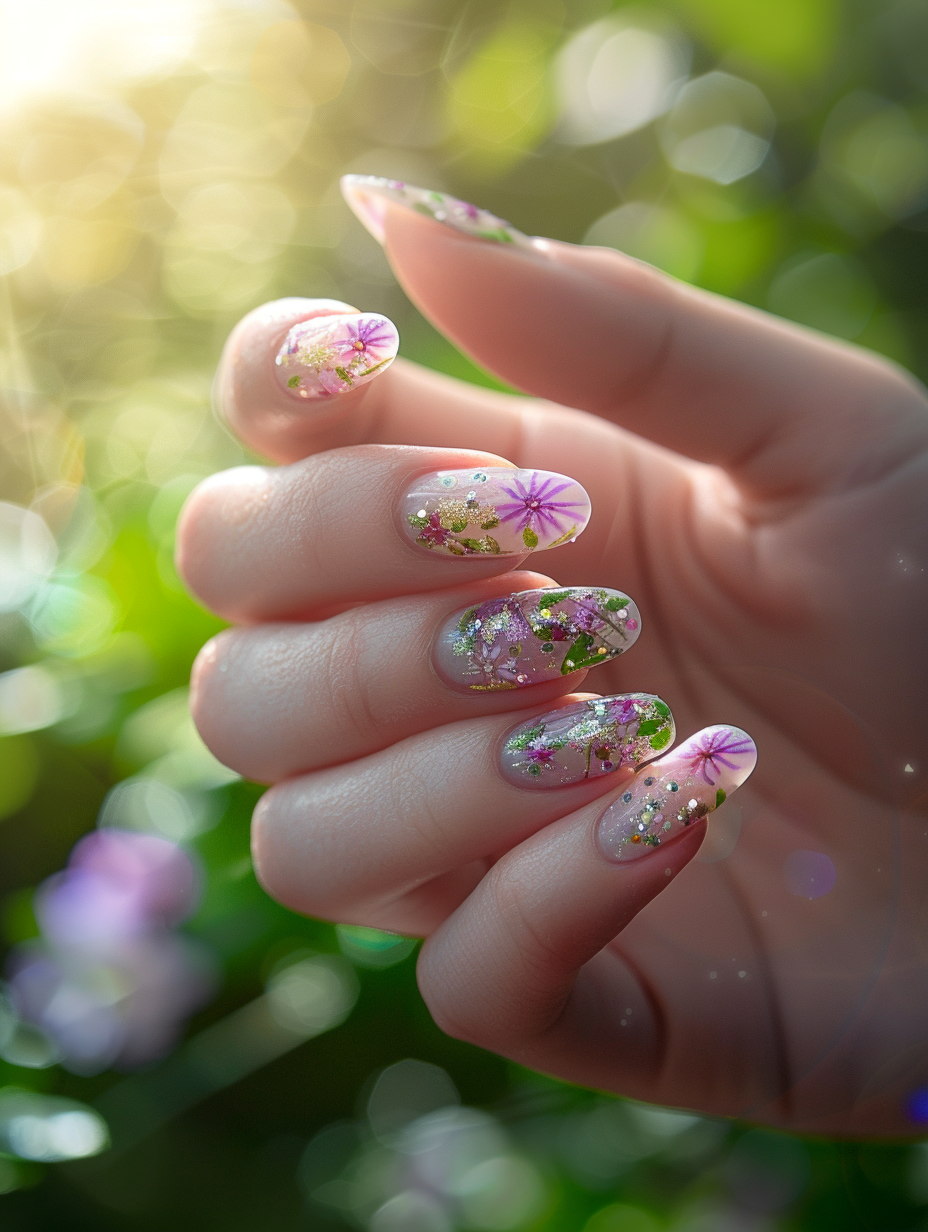 Capture a photorealistic image of a hand exhibiting Spring nails art, designed with an intricate floral fantasy theme. The main focus should be on the sharp detail of the nails, adorned with a vibrant array of miniature, hand-painted flowers - think cherry blossoms, daisies, and tiny lavender strokes, complemented by subtle glitters and gemstone accents to simulate morning dew. Lighting should mimic the tender warmth of early spring sunlight, utilizing global illumination techniques to enhance the natural hues and create soft shadows that add depth and realism. Opt for a macro lens setup on a DSLR camera, with specifications akin to a 100mm f/2.8 macro lens to ensure high detail and a shallow depth of field, blurring the background subtly. The composition should subtly include a hint of a lush green garden in the soft-focus background, adding context and a splash of color contrast, making the nails the star of the composition. Reference the clarity and vibrancy seen in the works of macro photographers like Miki Asai or the serene, natural light manipulation found in Joanna Kosinska's work to achieve a balance of detail, color, and light, capturing the essence of spring in a single, breath-taking shot.