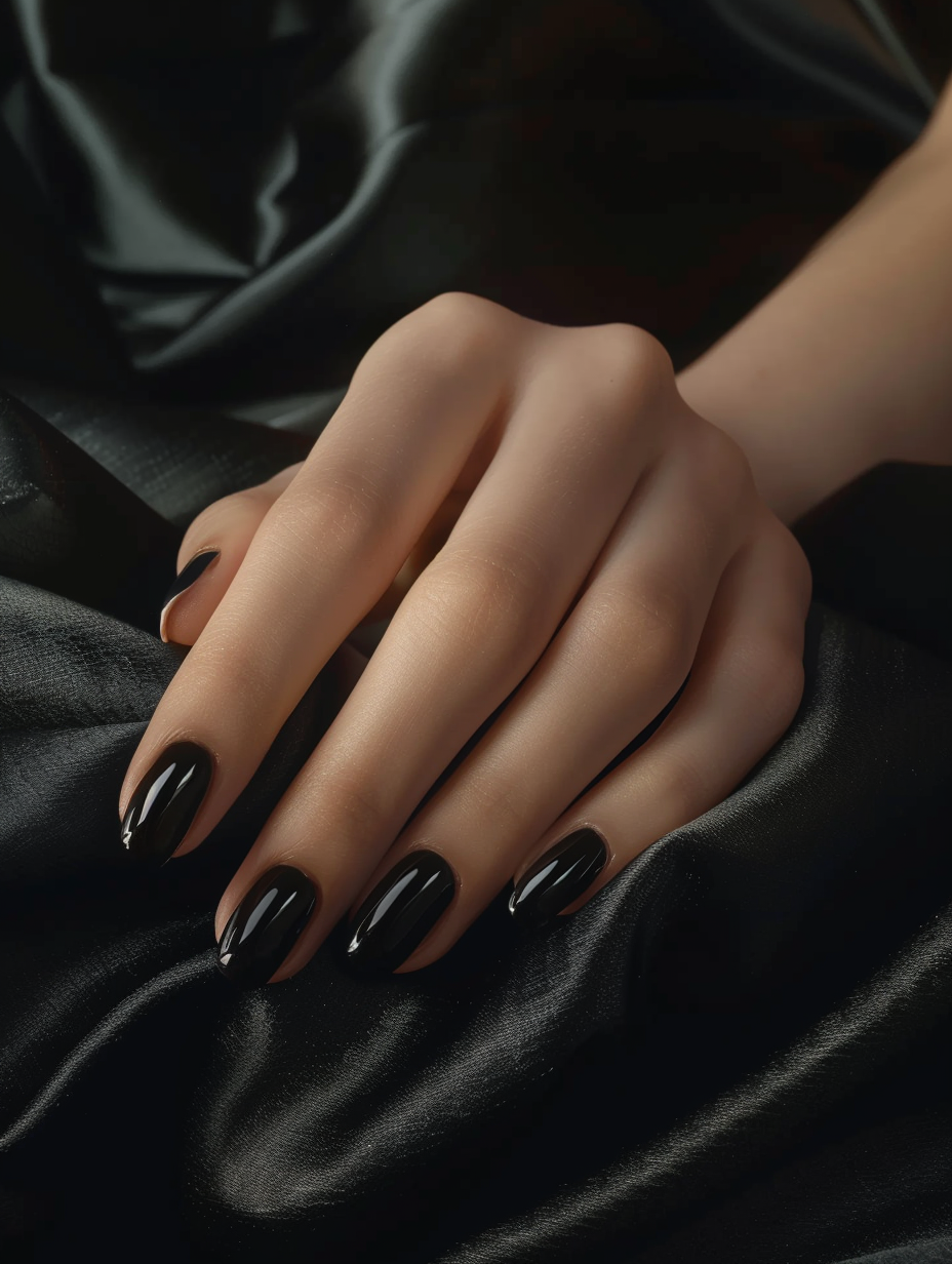 Capture the essence of sophistication with an ultra-high-resolution, photorealistic image of bold black nails. Picture a gracefully extended hand, nails polished in a lustrous, deep black, reflecting the soft glow of natural daylight filtering through a nearby window. The scene is rich in detail, from the delicate texture of the skin to the subtle shine on the perfectly manicured nails, creating a stark contrast against a backdrop of luxurious, dark velvet fabric that drapes elegantly in the background. Utilize a full-frame DSLR camera, equipped with a 50mm f/1.2 prime lens, to achieve sharp focus on the nails while gently blurring the background, emphasizing the nails' glossy finish and the sophisticated air they exude. The lighting should be soft yet directional, highlighting the nails' curvature and texture, with global illumination to reproduce the natural interplay of light and shadow across the scene. Mimicking the style of renowned photographers like Annie Leibovitz or the cinematic richness of a scene from a Christopher Nolan film, the composition balances the hand's gentle curve with the fabric’s luxurious folds, adding depth and context. Aim for high detail, including skin texture, nail polish sheen, and fabric weave, with just a hint of film grain to add a layer of realism and draw the viewer into this moment of understated elegance.