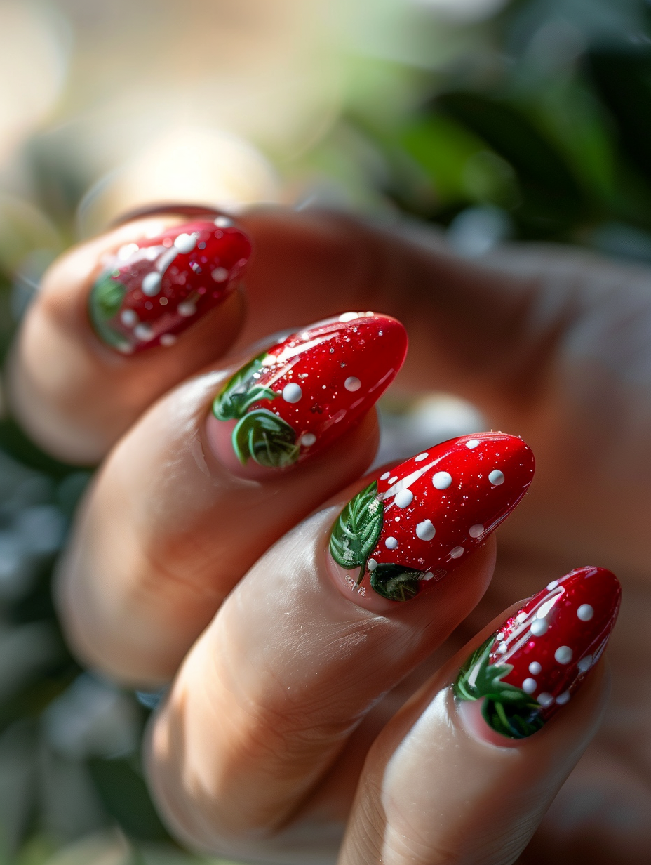 Capture a close-up, photorealistic image of sweet and playful strawberry-themed nails. The nails, meticulously manicured, feature a glossy finish with a vibrant red base, tiny green leaves at the base of each nail, and delicate white dots simulating seeds. Employ a Sony A7R IV camera with a 90mm F2.8 Macro G OSS lens for crisp detail and shallow depth of field, focusing sharply on the nails while softly blurring the background. Natural light streams in from the right, enhancing the texture and color vibrancy, and casting subtle shadows that accentuate the curvature of the fingers. The composition is balanced, with the hand centered and slightly tilted to show off the nail art. The scene is set against a neutral, soft-focus background that hints at a sunny, outdoor environment, evoking a fresh, cheerful atmosphere. This image is reminiscent of the high-quality, detailed work seen in glossy fashion magazines of the 2020s, aiming for sharp focus, high detail, and a hint of film grain to add texture.