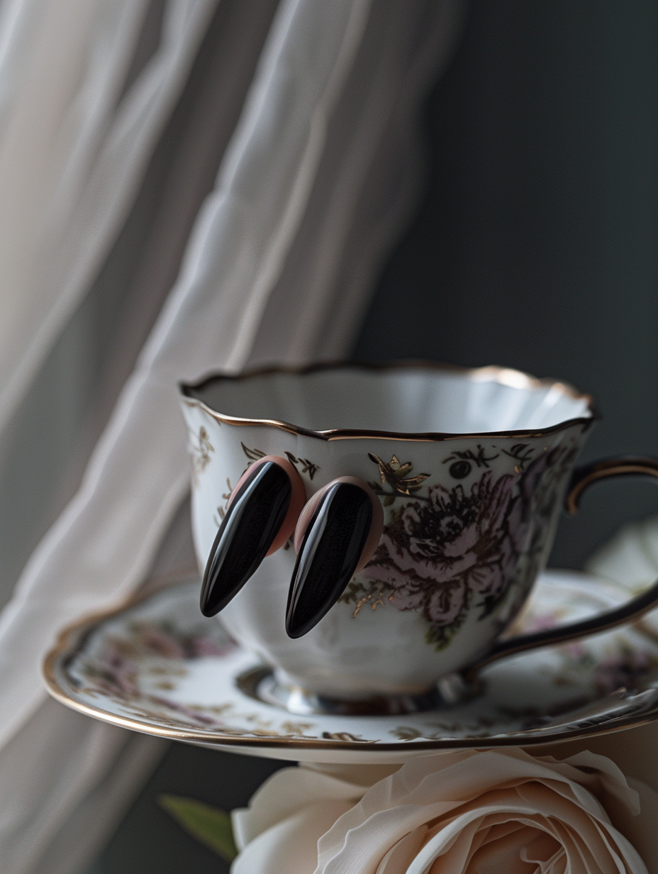 Create a photorealistic image of sophisticated and bold black nails resting gracefully on the edge of a vintage, porcelain teacup. The scene is illuminated by natural light streaming through a sheer curtain, creating a soft, diffuse glow that highlights the glossy finish of the nails and the delicate pattern on the teacup. The camera, a Canon EOS R5 with a 50mm f/1.2L lens, is positioned at eye level to capture the intricate details, such as the subtle shadows cast by the nails and the fine cracks in the porcelain, achieving a depth of field that brings the main subject into sharp focus while softly blurring the background. The color scheme balances the deep blacks and whites, with a hint of the warm sunlight adding a golden hue to the edges. The overall composition evokes a sense of elegance and quietude, reminiscent of the visual style of a calm Sunday morning captured by a photographer inspired by the work of Annie Leibovitz, but with a modern twist showcasing the high detail, texture, and mood representative of the 2020s.