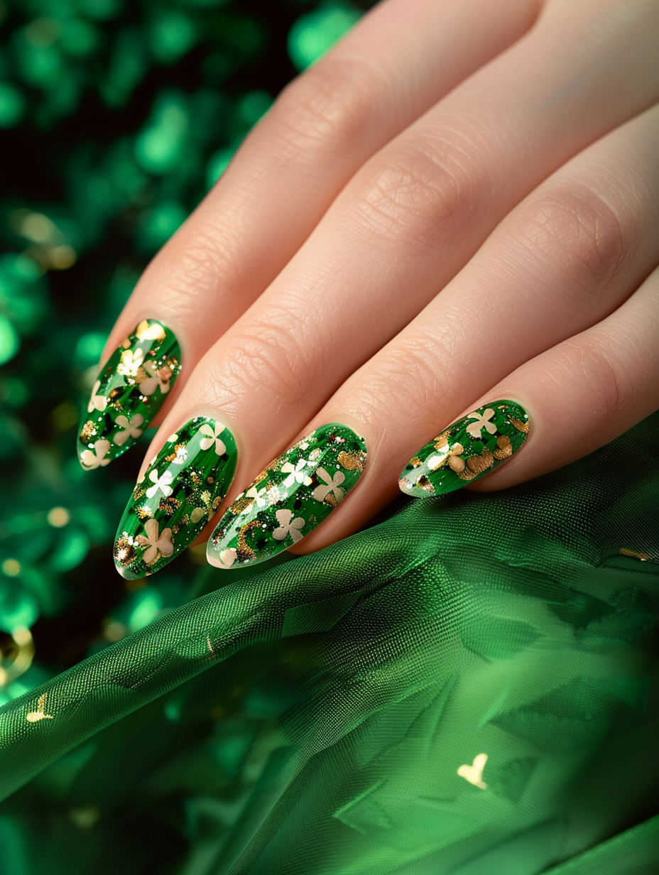 Capture a photorealistic image of a hand adorned with a St. Patrick's Day-themed nail design, vividly showcasing greens, golds, and small, intricate shamrock patterns. The nails themselves gleam with a high-gloss finish, catching the light, hinting at the skillful application of tiny gold leaf accents. This should be in sharp focus, with the skin's texture and the nails' impeccable artistry standing out. The lighting, reminiscent of a late afternoon in spring, should be soft yet bright enough to reveal the depth of colors and the subtle sparkle of the gold. Use a Canon EOS-1D X Mark II with a 100mm f/2.8L Macro IS USM lens, settings optimized to capture the vibrancy and detail with a shallow depth of field, blurring out the softly textured green fabric background. This setup should mimic the clarity and depth found in high-end fashion magazine shoots of the 2020s, achieving a balanced composition that highlights the nails as the central focus against the complementary background. The mood is lively and lucky, with the warmth and detailed textures drawing the viewer closer into the celebration of St. Patrick's Day through this artful presentation.