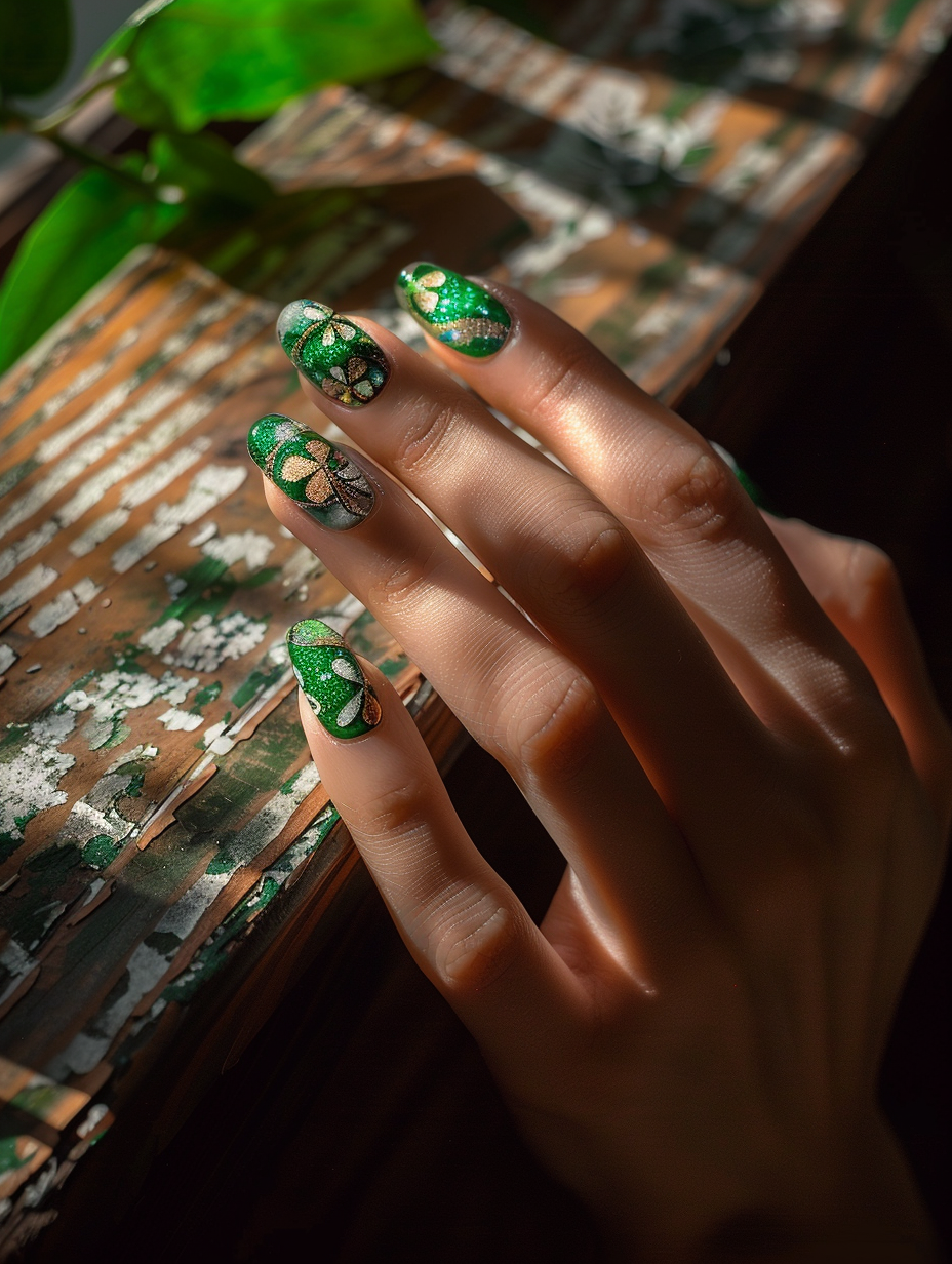 Capture a photorealistic image of a hand sporting a Lucky and Lively St Patrick’s Day-themed nail design, positioned gracefully on a vintage, dark wooden table lit by the soft, warm glow of the afternoon sun filtering through a nearby window. The nails are meticulously painted in a vibrant palette of emerald green, gold, and white, with intricate shamrocks, pots of gold, and delicate swirl patterns adorning each nail. Use a Canon EOS R5 camera equipped with a Canon RF 85mm F1.2L lens, applying a shallow depth of field (f/1.2) to ensure the nails remain in sharp focus against a softly blurred background, emphasizing the high detail and rich textures. The composition balances the vivid nails with the rustic wood, using natural light and global illumination techniques to highlight the glossy finish of the nail polish and the subtle reflections it casts. Aim for a true-to-life representation reminiscent of high-quality 2020s visual content, with a nod to the evocative, cozy mood captured by photographers like Jamie Beck.