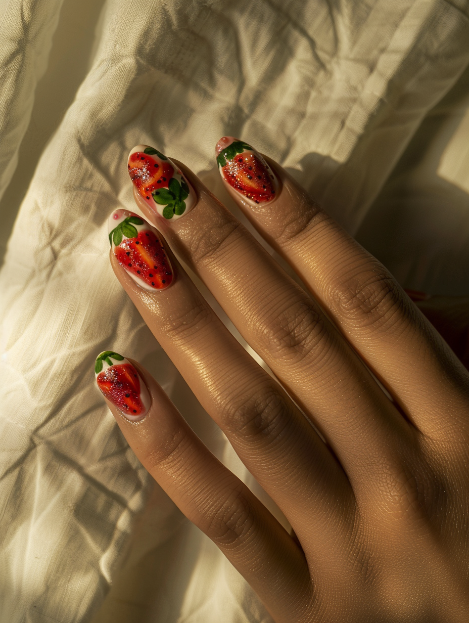 Capture a photorealistic image of a hand with sweet and playful strawberry-themed nails, bathed in natural light that highlights the intricate designs and vibrant colors. The nails, sharply in focus with a Canon EOS-1D X Mark III and a 100mm f/2.8L Macro IS USM lens, showcase a glossy finish reflecting the soft, diffuse glow of early morning light. The hand is positioned against a background of light, airy linen, lending a texture that contrasts with the smoothness of the nails. The composition, inspired by Annie Leibovitz’s attention to detail and use of natural light, brings out the vivid reds and greens of the strawberry designs, with a hint of sparkle to suggest a playful whimsy. The image, capturing the essence of 2020s visual content, would incorporate a depth of field shallow enough to make the details on the nails stand out, while allowing the background to blur gently, ensuring the focus remains on the artistry of the nail designs.