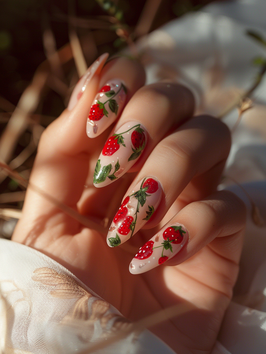 Capture a close-up, photorealistic image of sweet and playful strawberry-themed nails, under the soft, diffused glow of golden hour sunlight. The nails, meticulously adorned with tiny, vibrant red strawberries and delicate green leaves on a glossy, pastel pink base, should be in sharp focus against a blurred natural background. Emphasize high details like the subtle texture of the nail polish, the reflective shine on the strawberries, and the natural ridges of the nails. Use a Canon EOS R5 camera with a Canon RF 100mm F2.8L Macro IS USM lens to achieve a life-like depth of field and clarity, reminiscent of Annie Leibovitz's portrait style. The composition is balanced with the hands gently resting on a lightly textured, off-white linen cloth, enhancing the image's warmth and inviting atmosphere.