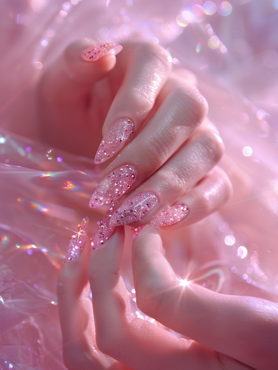 Capture a close-up image of an elegant hand adorned with sparkling pink gem nails, mimicking the delicate realism found in a Peter Lindbergh portrait, yet with the vibrant hues reminiscent of a Wes Anderson tableau. The nails, polished in a glossy, translucent pink, are meticulously accented with tiny, precisely placed crystals, catching the light to showcase their intricate detail and the depth of their sparkle. Utilize a Canon EOS R5 with a 100mm f/2.8L Macro IS USM lens to achieve sharp focus on the nails, while softly blurring the background, offering a dreamlike quality. Employ natural light filtering through a sheer curtain to achieve a global illumination effect, highlighting the subtle shimmer of the gems and the natural texture of the skin. This lighting should evoke a late afternoon ambiance, warm yet soft, enhancing the pink tones and giving the image a serene, almost ethereal quality. The composition balances the vivid detail of the nails with the tranquility of the surrounding space, inviting the viewer to appreciate the luxury and craftsmanship of the nail art within a calm, sophisticated context.